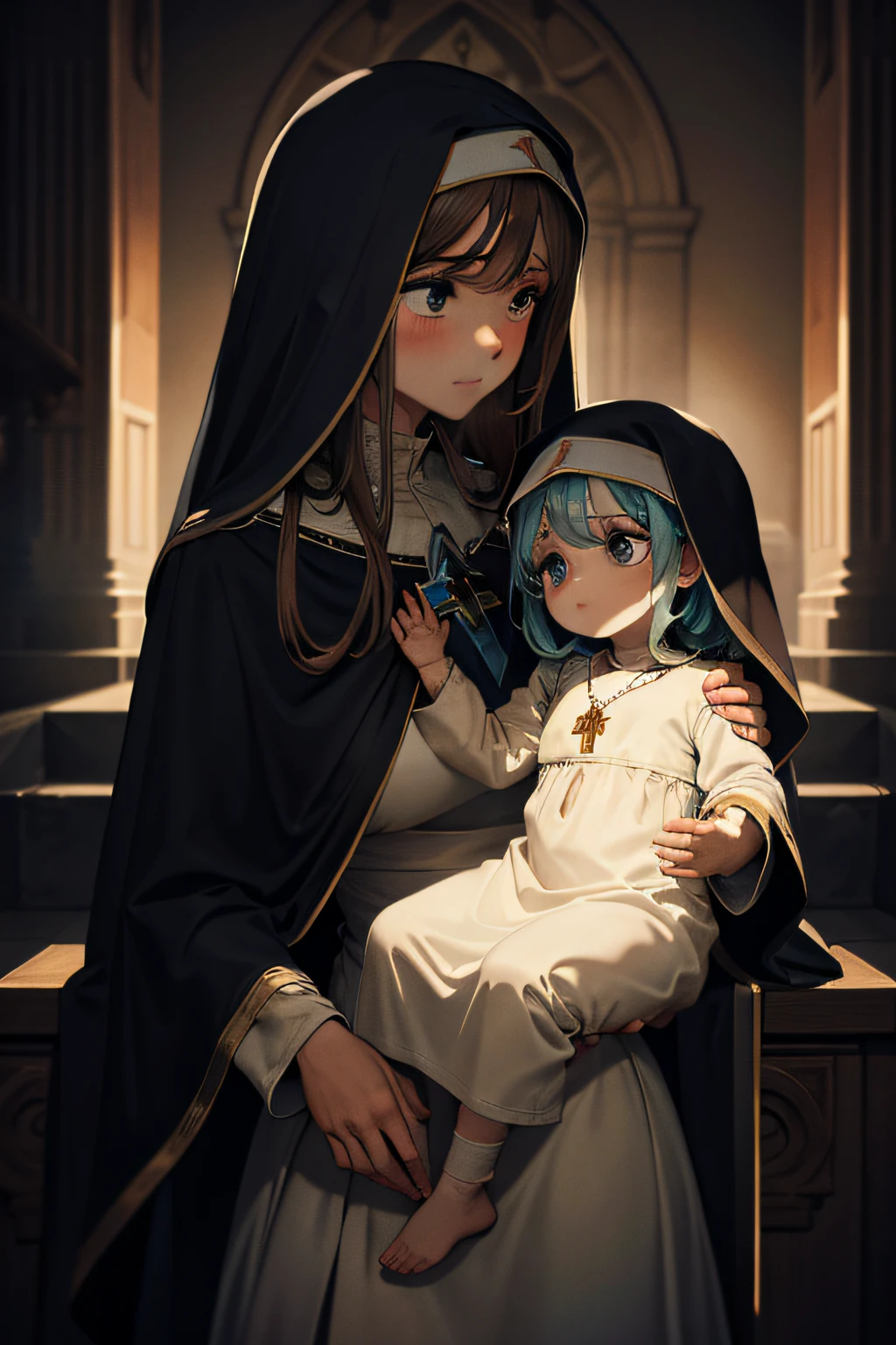 Portrait of the Virgin Mary with a child on her lap, religious illumination, bem detalhado