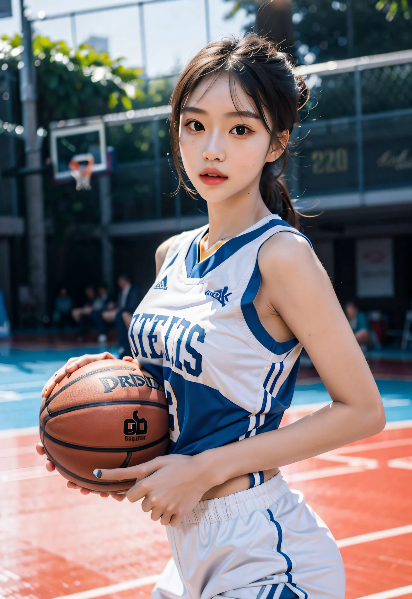 （8K， best qualtiy， tmasterpiece：1.2），A high resolution，1girll，real looking skin，Dynamic light and shadow,Sharp focus,depth of fields,The eyes are delicate,pupil realistic, Playful expression， wear basketball uniform，perfect bodies，Bigchest，at  basketball court，realisticlying, ultra - detailed, (shiny skins, perspired:1.4), looking at viewert,