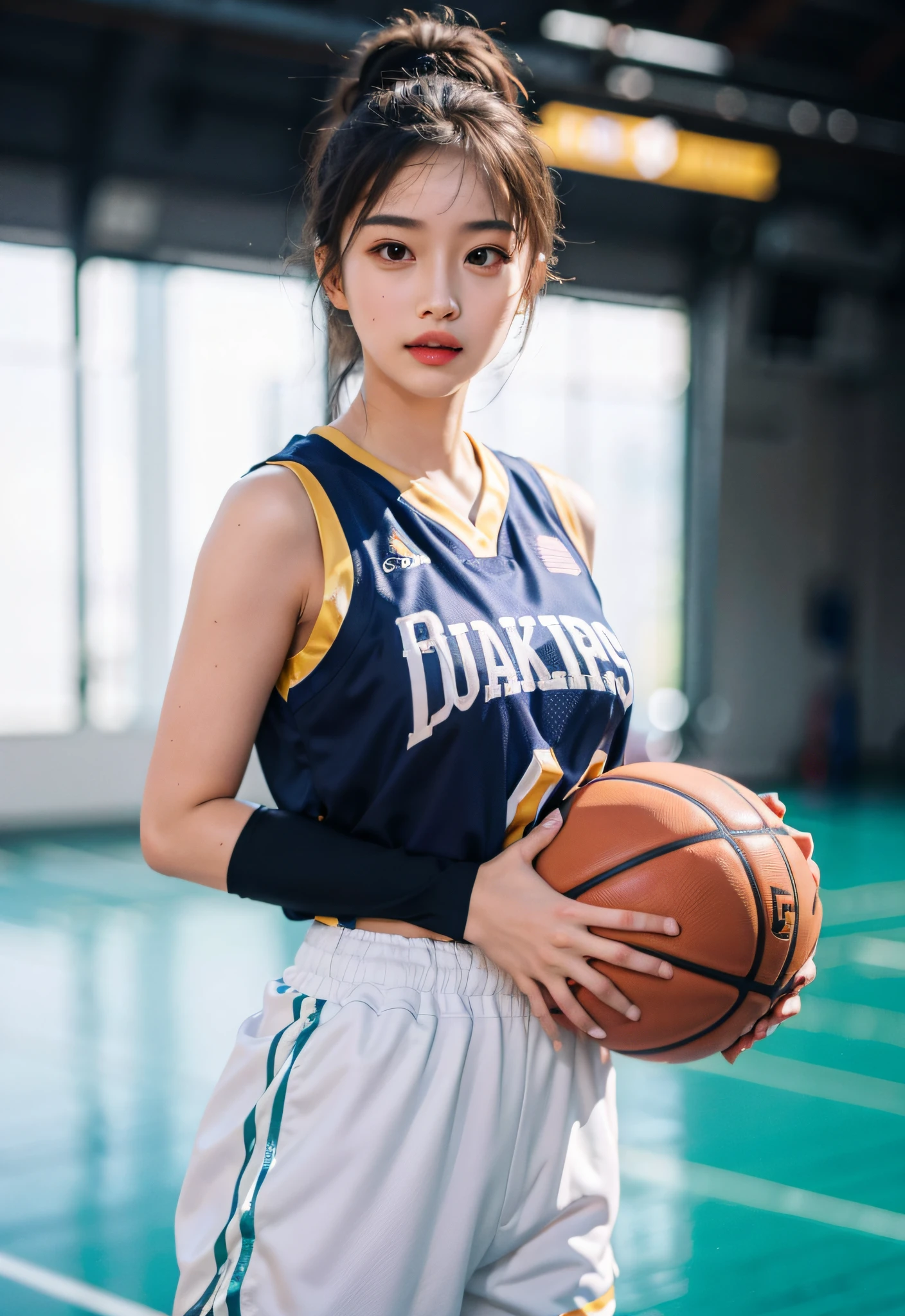 （8K， best qualtiy， tmasterpiece：1.2），A high resolution，1girll，real looking skin，Dynamic light and shadow,Sharp focus,depth of fields,The eyes are delicate,pupil realistic, Playful expression， wear basketball uniform，perfect bodies，Bigchest，at  basketball court，realisticlying, ultra - detailed, (shiny skins, perspired:1.4), looking at viewert,