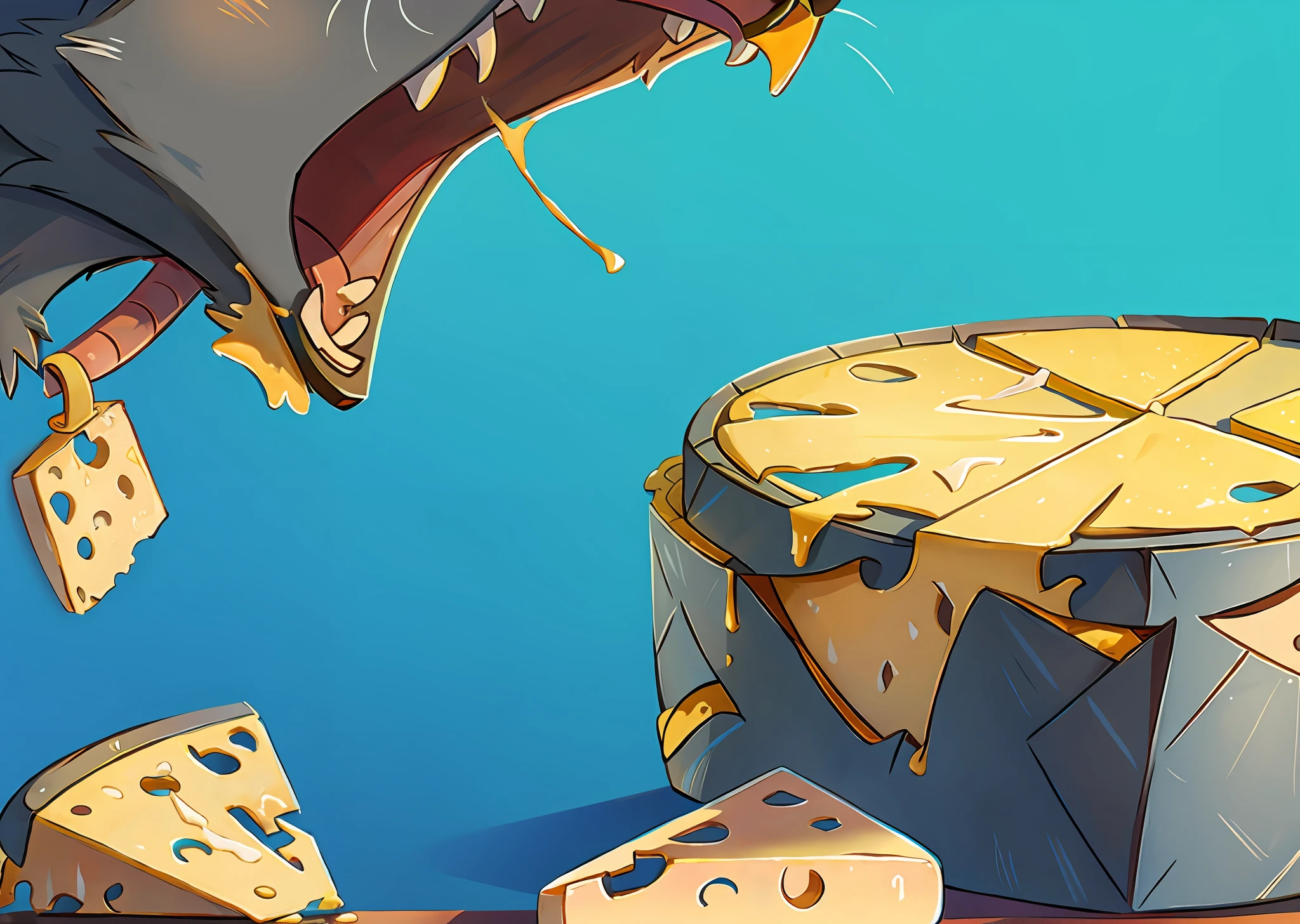 On a blue background,Close-up gray rat stealing cheese(Cheese),Next to it is a close-up of a mouse trap,ultraclear