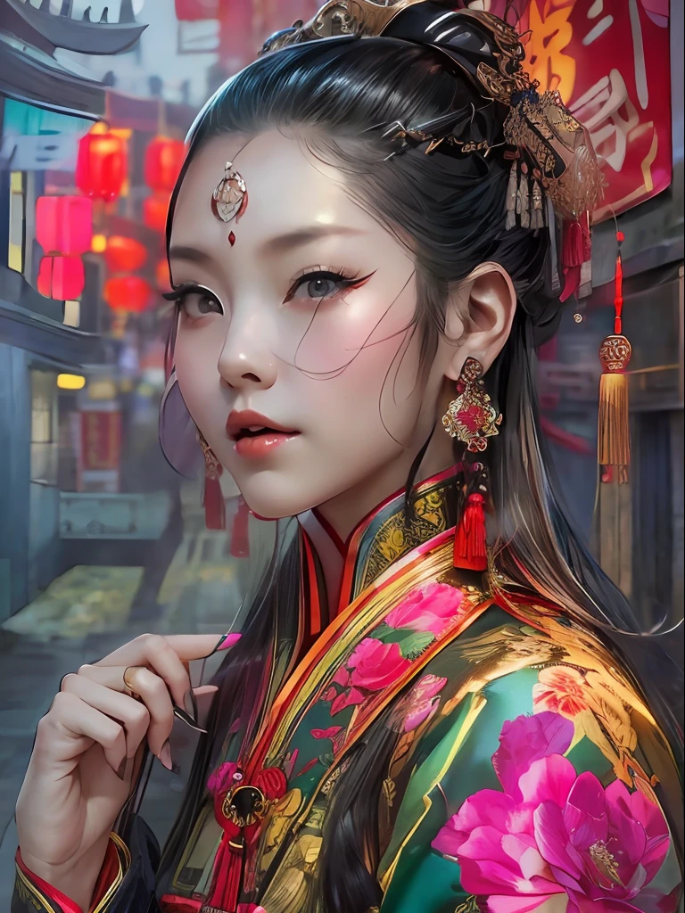 HighestQuali，tmasterpiece：1.2，Detailed details，4K，Beautiful woman in traditional Chinese costume displayed on the wall in street art style