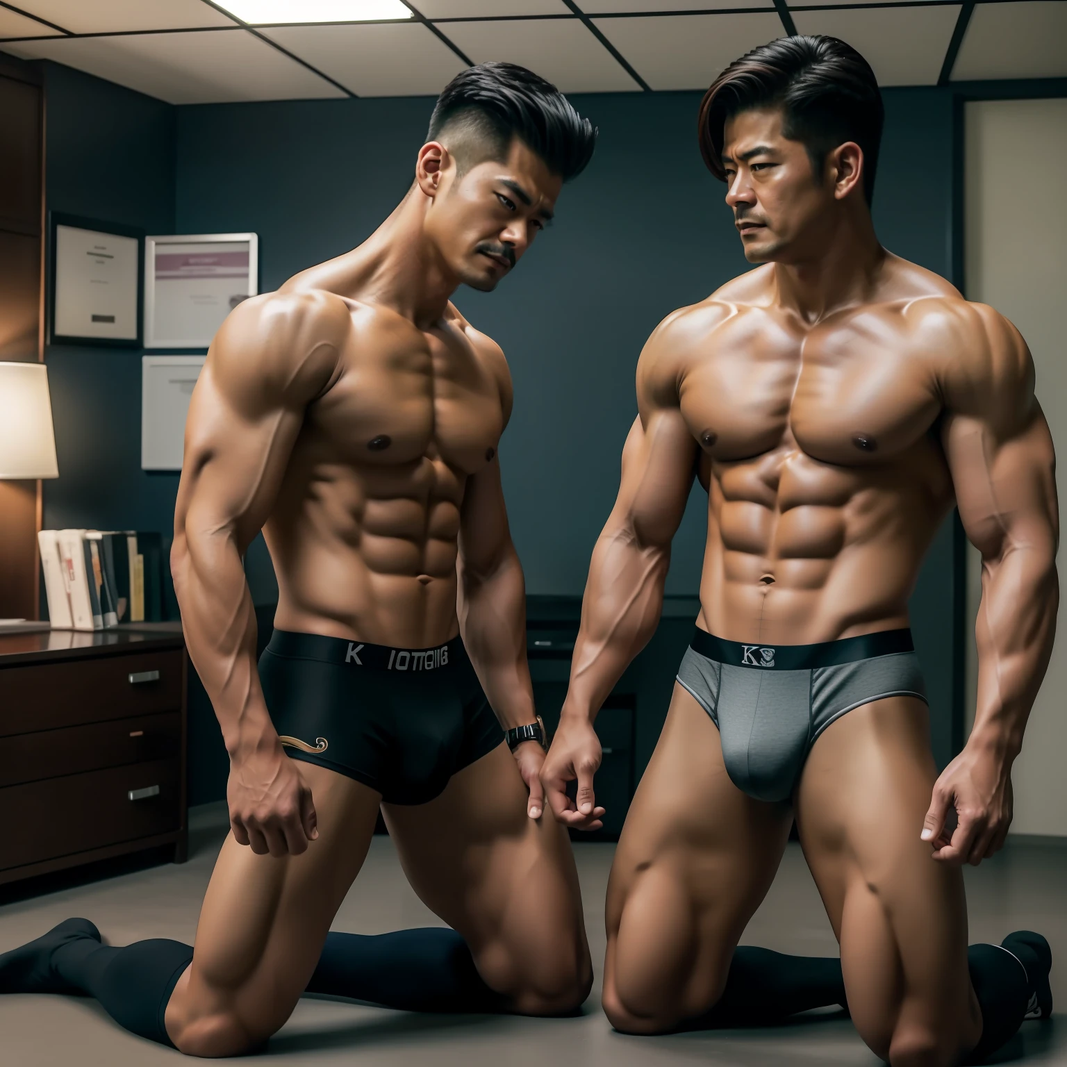 Aaron Kwok,(Kogoro Mouri 1.3)Shirtless,Tong,Bulge,office room,black long socks,Thin,musculature,lbeard,fortitude,artwork of a,tmasterpiece,k hd,Two people knelt,Erotic panties