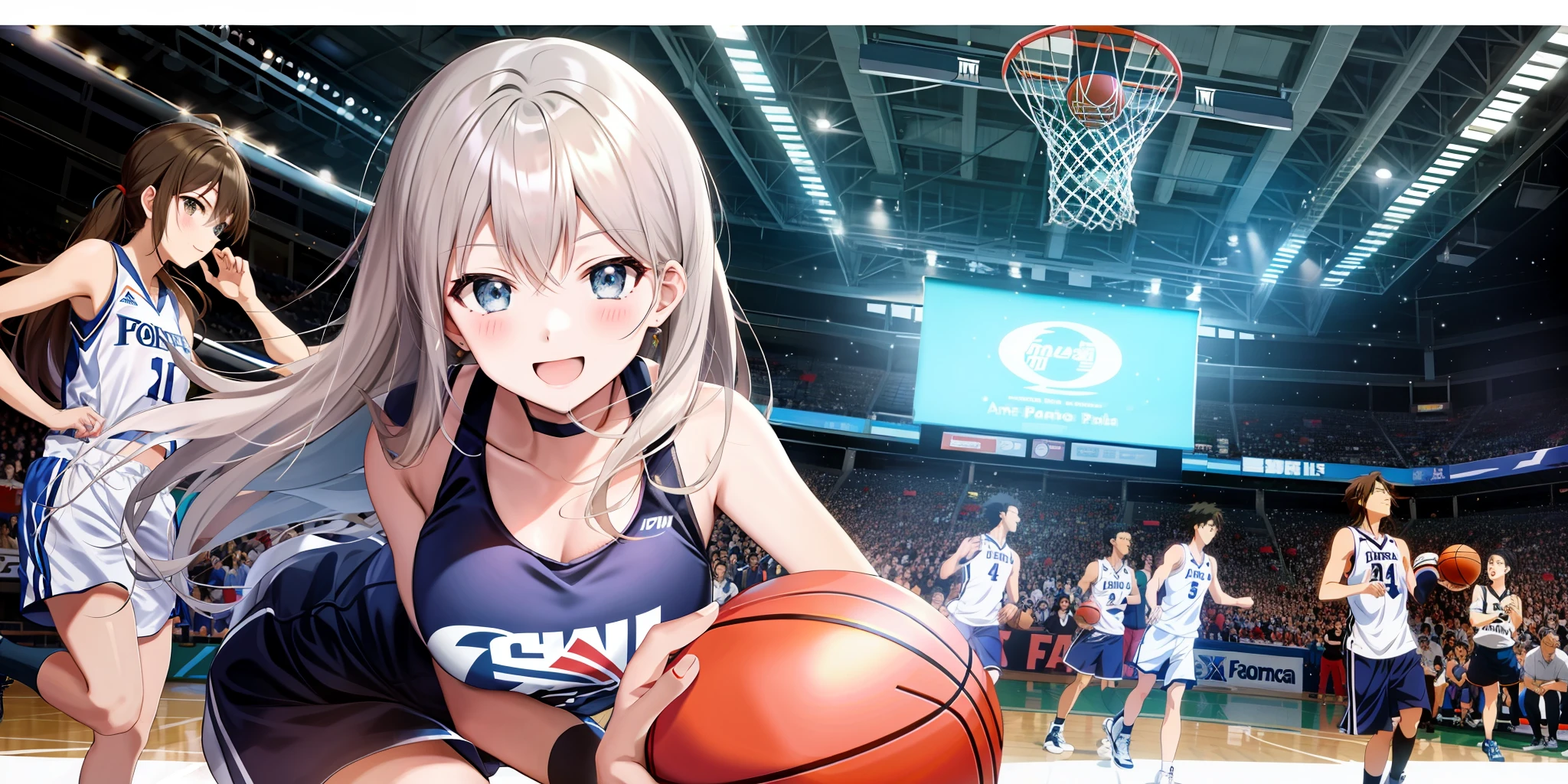 Anime girl holding a basketball in front of a crowd, force