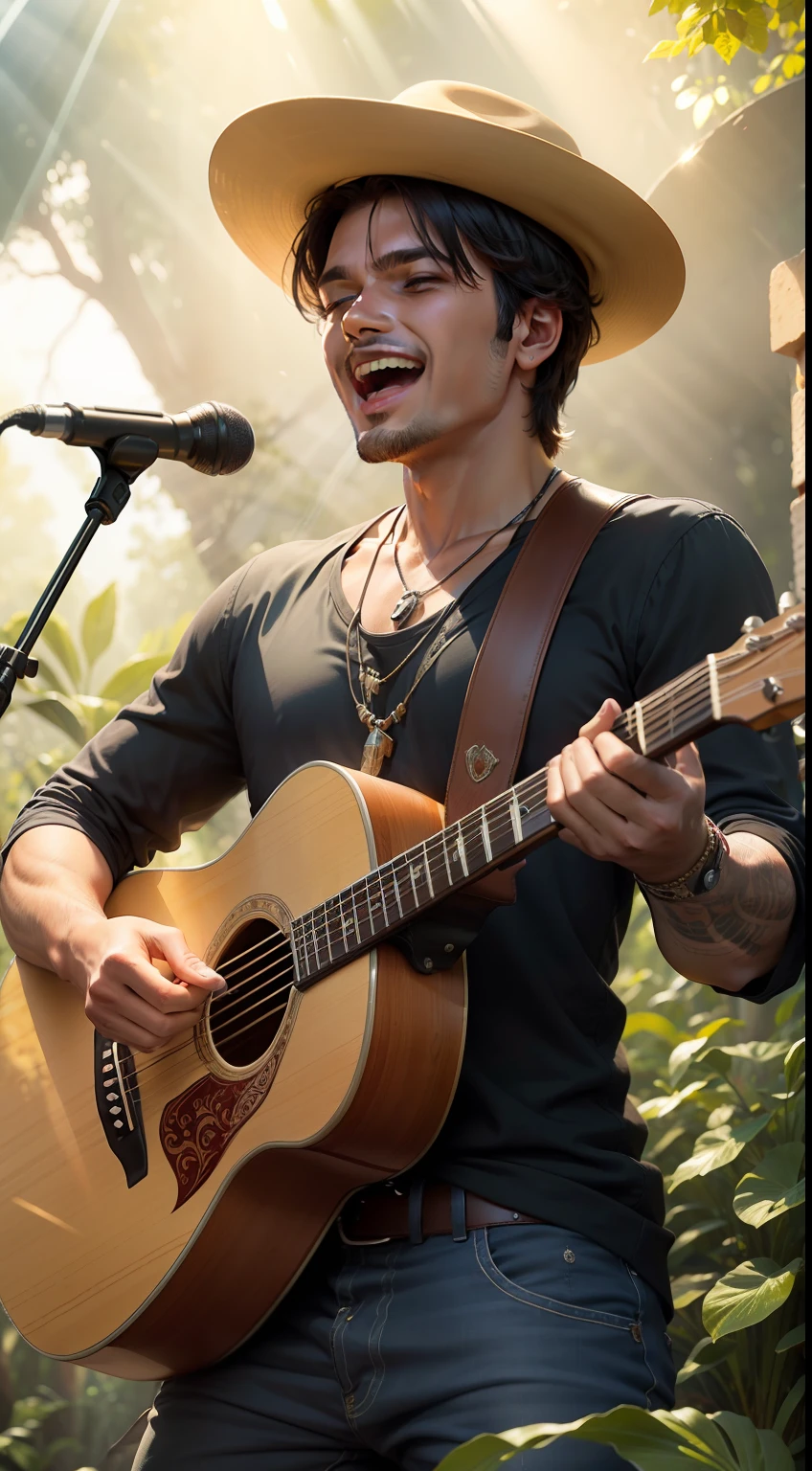 Imagine um cantor sertanejo idoso renomado, with passionate expression on his face, tocando uma guitarra antiga com detalhes intrincados, as the sun's rays filter through the trees on a sunny afternoon.