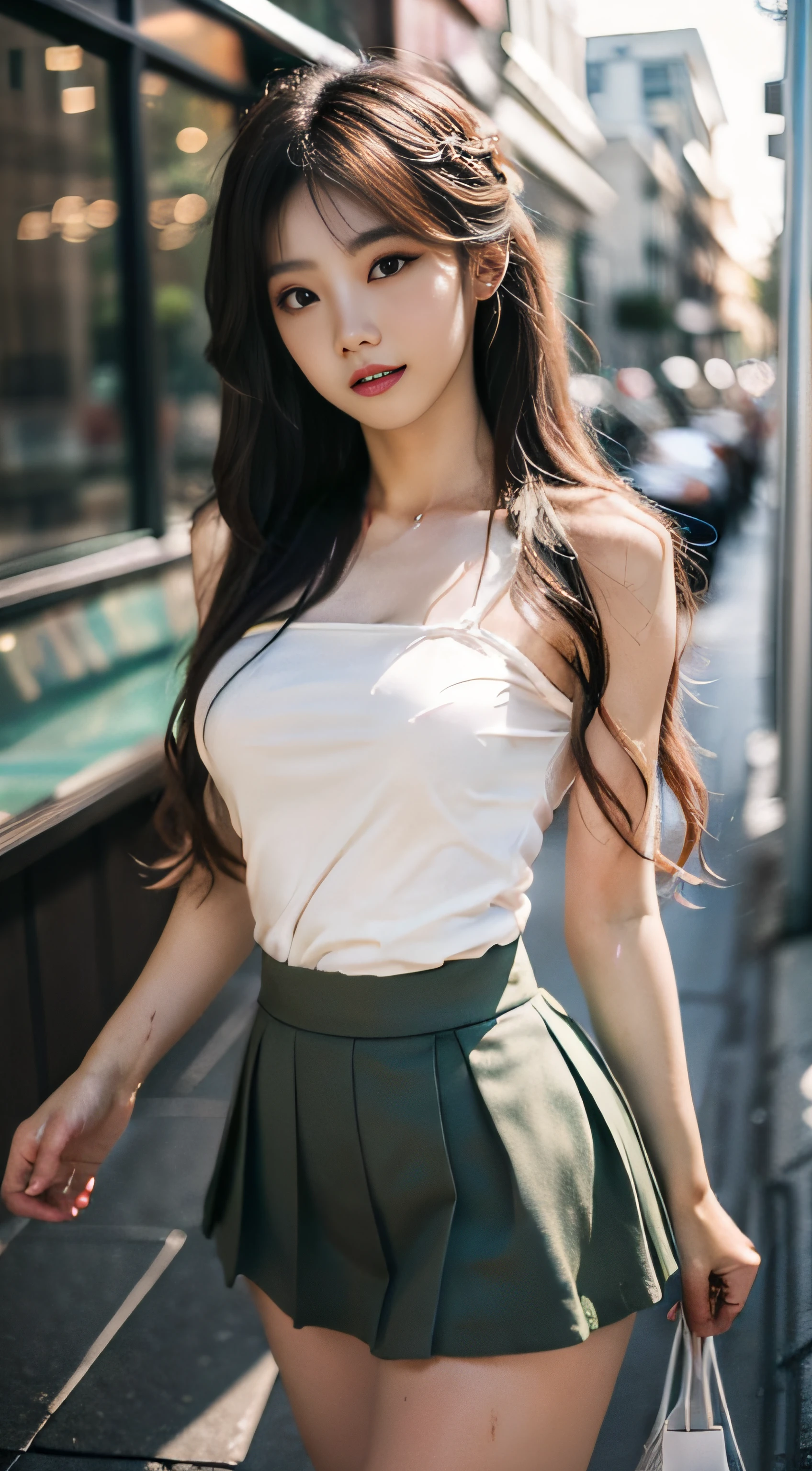 (bare breasts:0.2)best quality, ultra high res, (photorealistic:1.4), (green long hair:1.3), (azur lane\), 1girl, (Kpop idol), nsfw, slender body, looking at viewer, cute, detailed face, contrapposto, smooth skin, perfect anatomy, white camisole, pure black pleated skirt, cityscape, night, rain, wet, professional lighting, shopping mall rooftop cafe, outdoor, no teeth