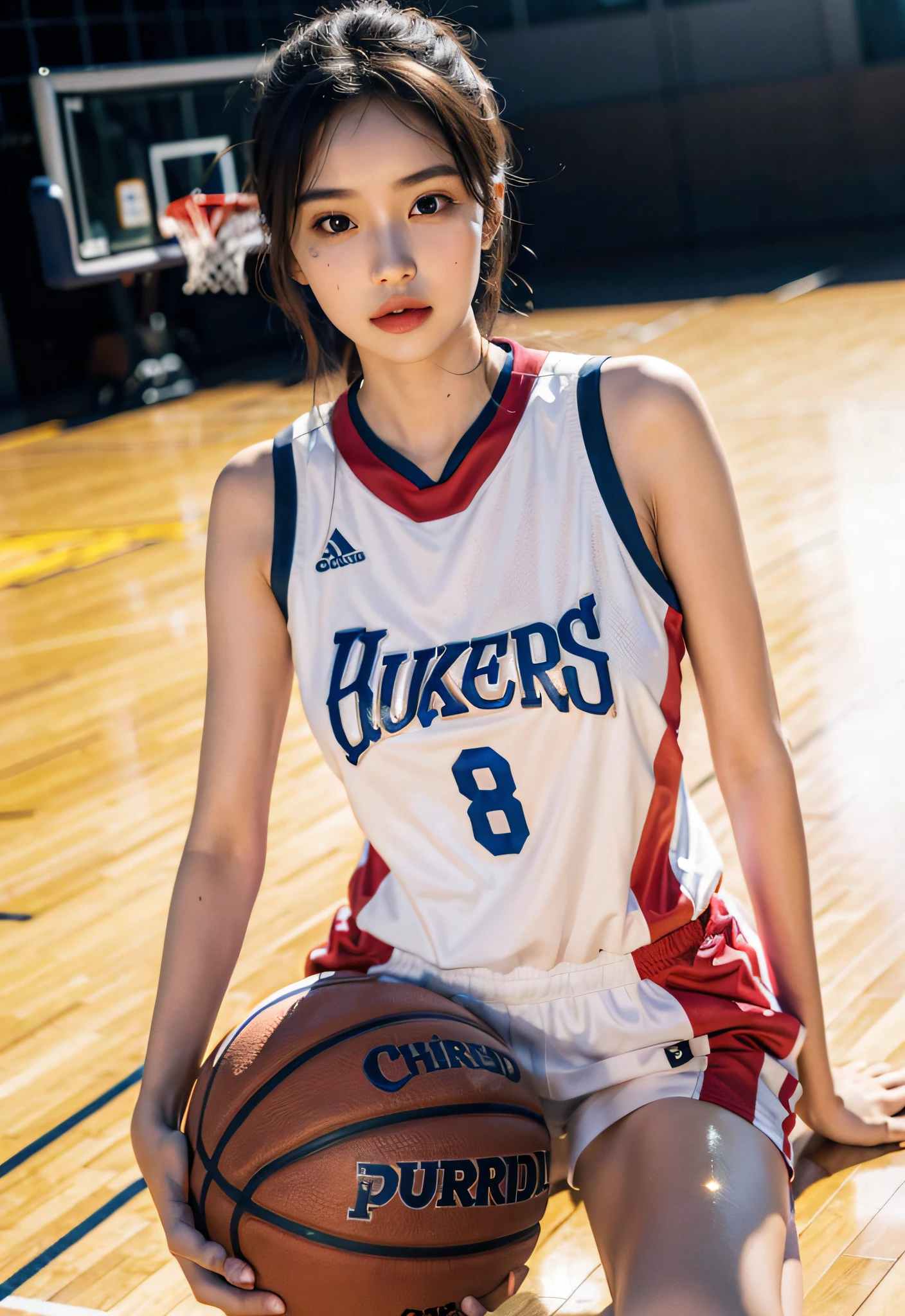 （8K， best qualtiy， tmasterpiece：1.2），A high resolution，1girll，real looking skin，Dynamic light and shadow,Sharp focus,depth of fields,The eyes are delicate,pupil realistic, Playful expression， wear basketball uniform，perfect bodies，Bigchest，at  basketball court，realisticlying, ultra - detailed, (shiny skins, perspired:1.4), looking at viewert,