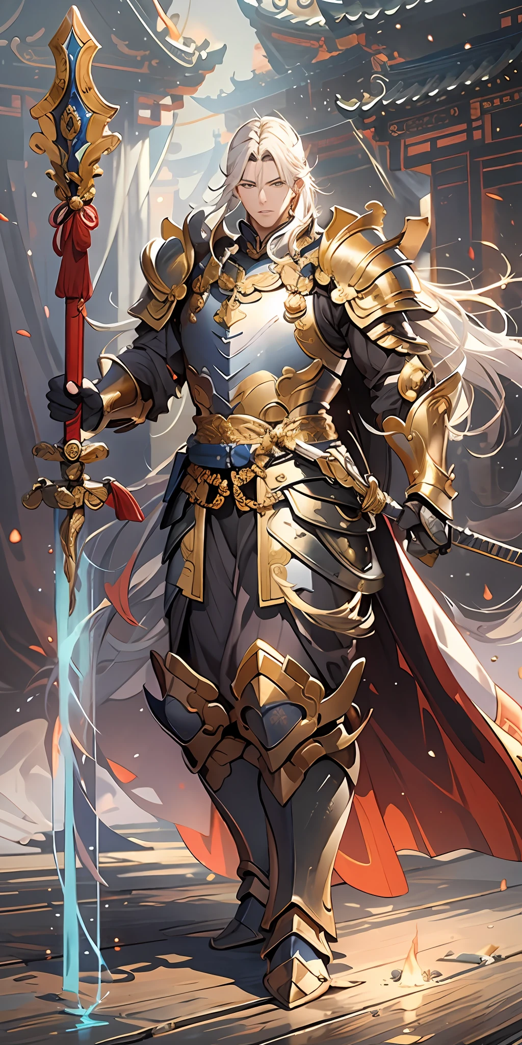 (master piece:1.2),best qualityer,zhongfenghua,realisticlying, 独奏,The character standing in front of the blonde,Glowing Armor God General,cleanness, Armor God General:1.5,