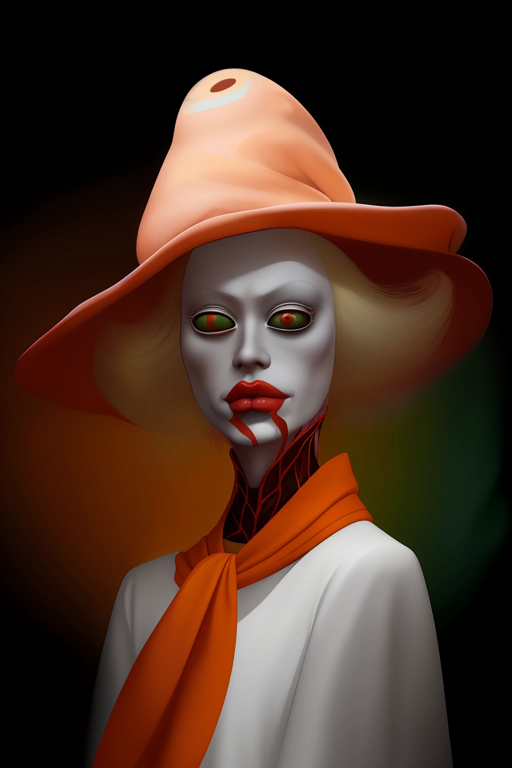 blond woman with orange hat and scarf posing for a picture, bug lips, ugly, inspired by Ray Caesar, portrait of albino mystic, photography alexey gurylev, photography alexey kurylev, by Andrei Kolkoutine, inspired by Ignacy Witkiewicz, by Ray Caesar, intense albino, by Pedro Pedraja, flora borsi, maxim sukharev
