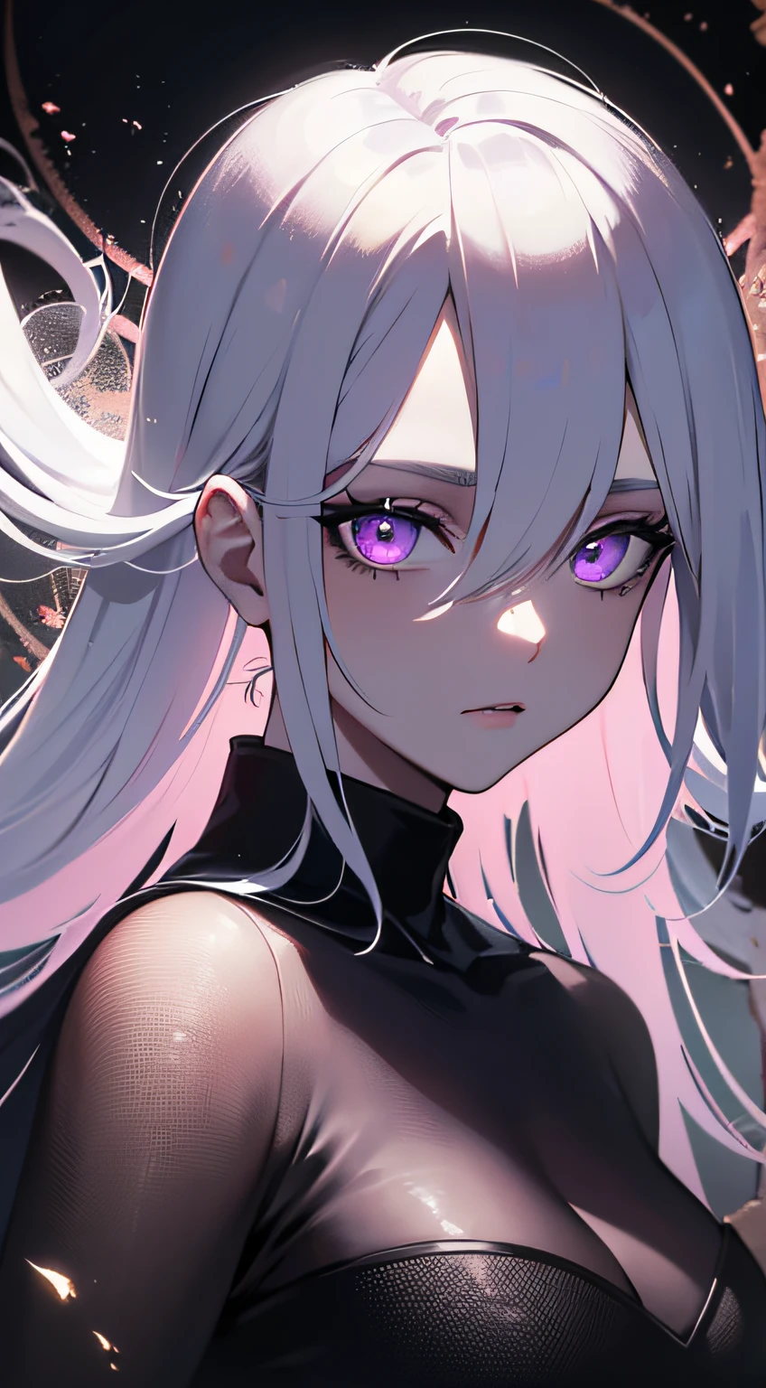 (masterpiece, best quality, ultra-detailed, best shadow), (detailed background,dark fantasy), (beautiful detailed face), high contrast, (best illumination, an extremely delicate and beautiful), ((cinematic light)), colorful, hyper detail, dramatic light, intricate details, (1girl, solo,white hair, sharp face,purple eyes, hair between eyes,dynamic angle), blood splatter, swirling black light around the character, depth of field,black light particles,(broken glass),magic circle,
