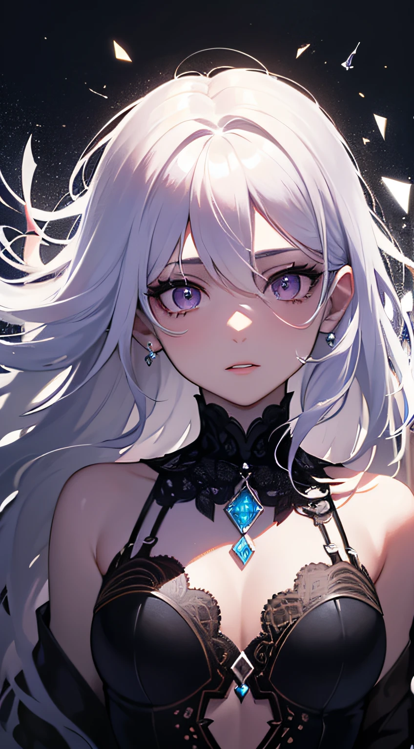 (masterpiece, best quality, ultra-detailed, best shadow), (detailed background,dark fantasy), (beautiful detailed face), high contrast, (best illumination, an extremely delicate and beautiful), ((cinematic light)), colorful, hyper detail, dramatic light, intricate details, (1girl, solo,white hair, sharp face,purple eyes, hair between eyes,dynamic angle), blood splatter, swirling black light around the character, depth of field,black light particles,(broken glass),magic circle,