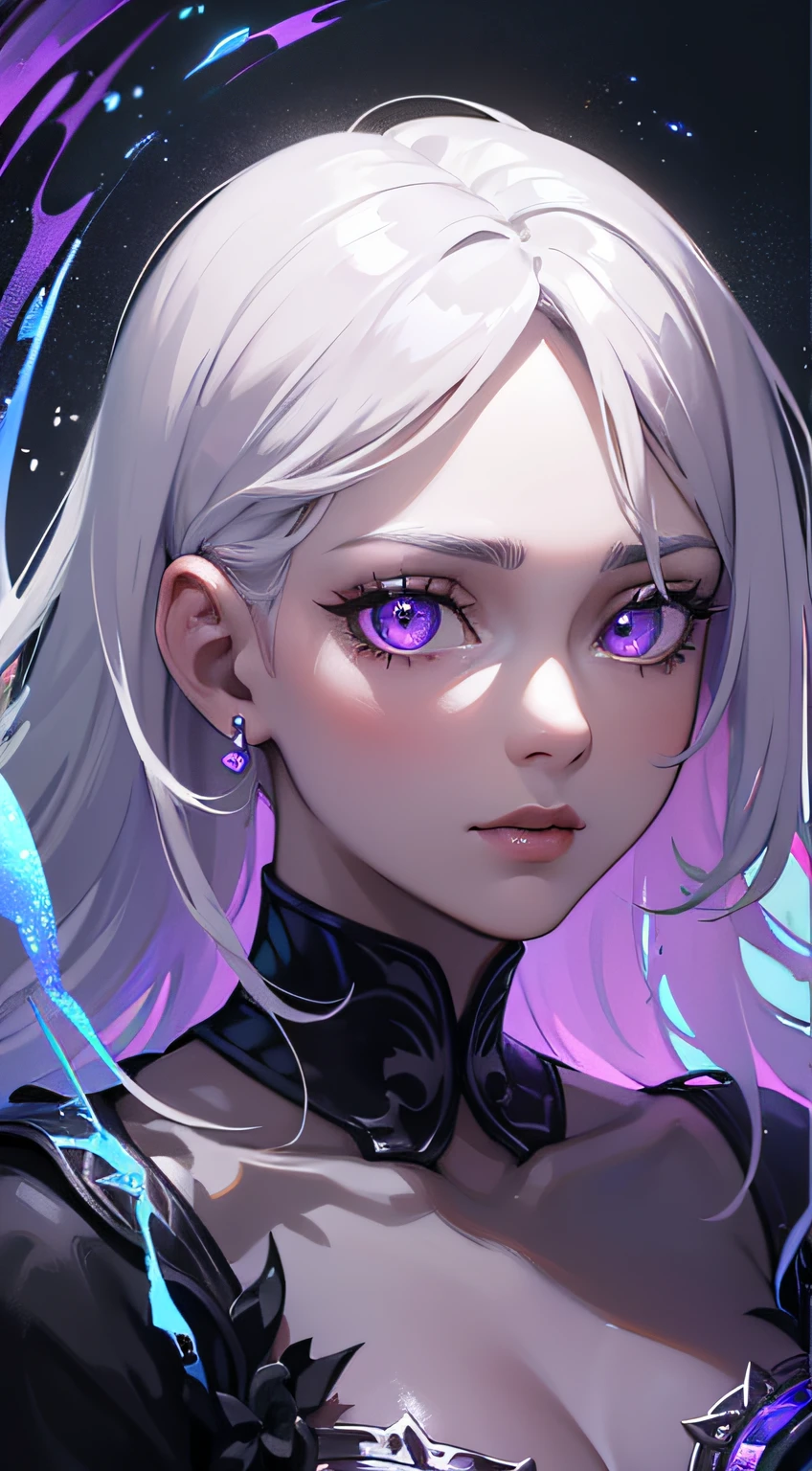 (masterpiece, best quality, ultra-detailed, best shadow), (detailed background,dark fantasy), (beautiful detailed face), high contrast, (best illumination, an extremely delicate and beautiful), ((cinematic light)), colorful, hyper detail, dramatic light, intricate details, (1girl, solo,white hair, sharp face,purple eyes, hair between eyes,dynamic angle), blood splatter, swirling black light around the character, depth of field,black light particles,(broken glass),magic circle,