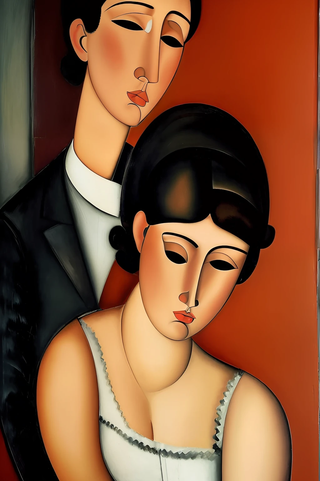 ((personajes de las obras de Amedeo Modigliani, en una fiesta , representados en posicion parada o sentada como figuran en las obras de arte, completar las partes de personajes no representados en las obras)), Salon de un restaurante de Paris a comienzos del siglo 20, represented in the style of Amedeo Modigliani Film lighting, ultra detallado, Pintura digital, Artstation, arte conceptual, Suave, foco nítido, illustration, (piel alta y detallada:1.2), 8k UHD, DSLR, Soft lighting, alta calidad, Film grain, Fujifilm XT3 mix4 Wildstyle RAW foto,