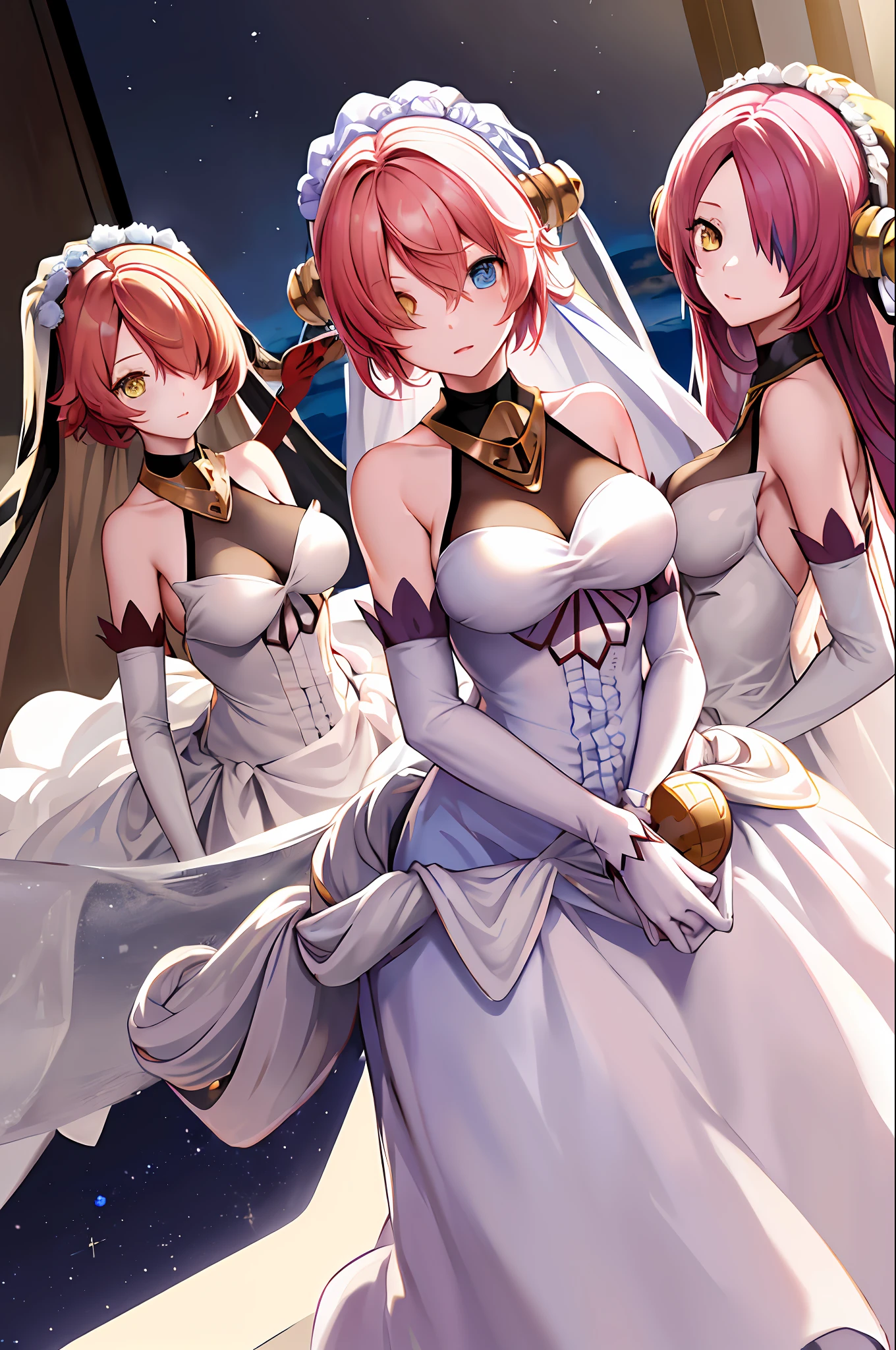 masterpiece, best quality, highres, 3girls, triplets, clones, (hair_over one eye:1.2), heterochromia, blue eyes, yellow eyes, trio, mechanical horns, veil, elbow gloves, white dress, long dress, white gloves, short hair, pink hair, bare shoulders, medium breasts, headgear,