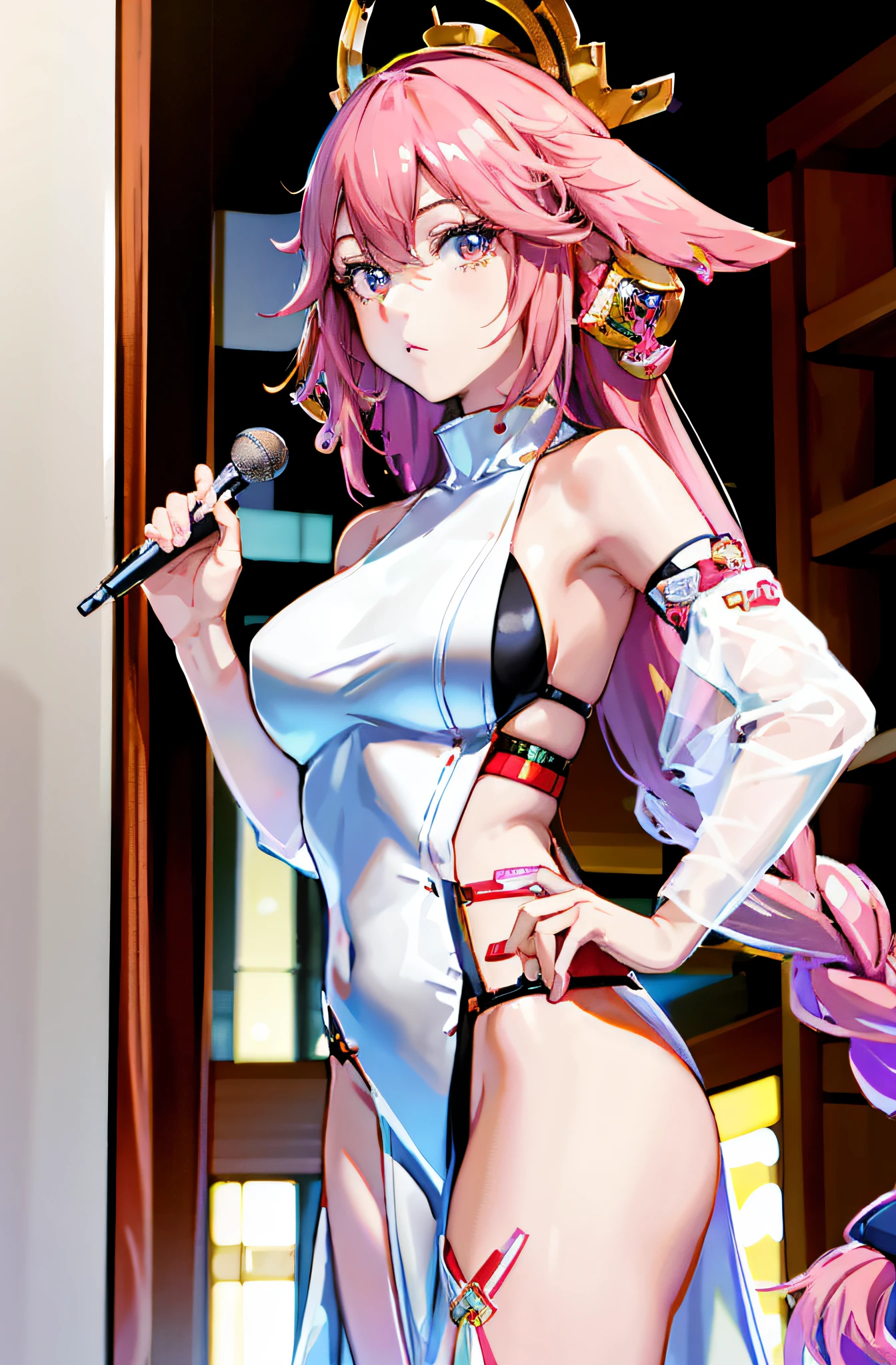 Anime - Stylistic image of a woman in a white dress holding a microphone, seductive anime girls, kda, Anime goddess, Waifu, at pixiv, Best anime 4k konachan wallpaper, Anime Huaifu, Pisif 3DCG, nightcore, Pisif, an oppai cyberpunk, Os amigos, vocaloid, mikudayo, [ 4 K digital art ]!!