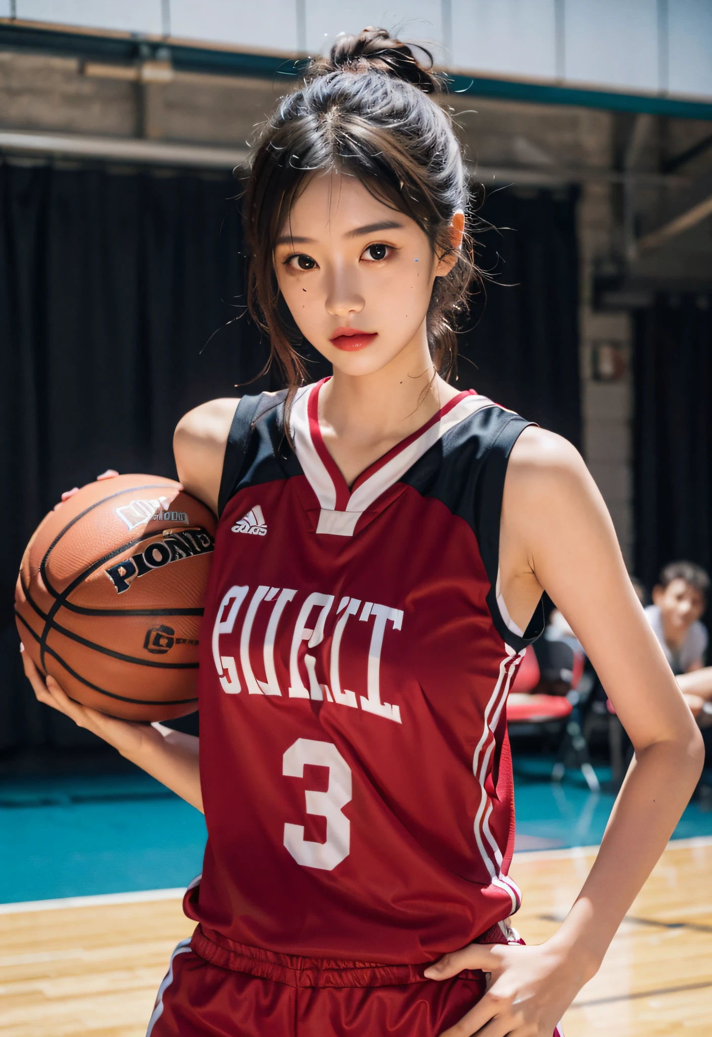 （8K， RAW photos， best qualtiy， tmasterpiece：1.2），A high resolution，1girll，real looking skin，Dynamic light and shadow,Sharp focus,depth of fields,The eyes are delicate,pupil realistic, Playful expression， wear basketball uniform，perfect bodies，Bigchest，at  basketball court，realisticlying, ultra - detailed, (shiny skins, perspired:1.4), looking at viewert,