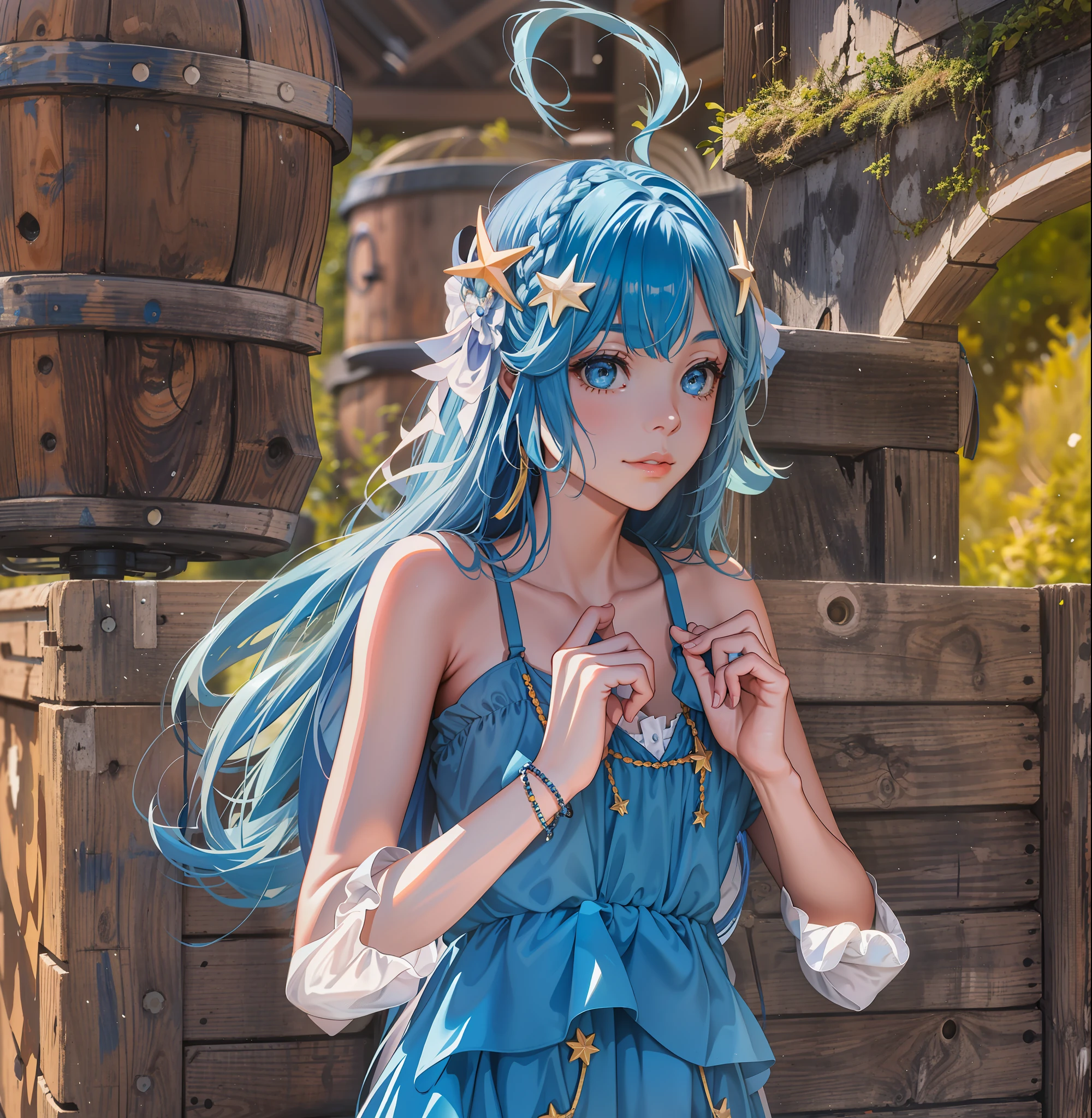 Girl with blue hair，schoolgirls，a blue dress，Dull hair，hair adornments，High definition，Raise your hands in front of your chest，anatomy correct，A girl in a blue dress with her hands raised in front of her chest，Her eyes looked ahead as if she were looking for something，Behind her are wooden boxes raised high，The girl's long blue hair reaches to the waist，She has starfish-like hair ornaments in her hair，The anatomy of the whole picture is correct，k hd