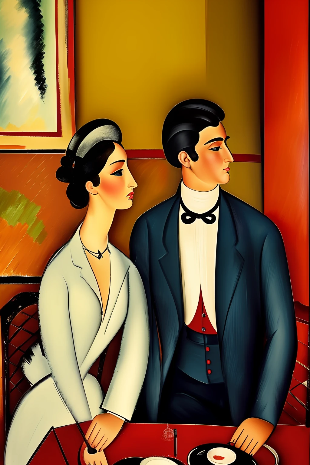 a party in a Paris restaurant lounge at the beginning of the 20th century, los invitados son ((characters from the works of Amedeo Modigliani represented in a standing position or sitting according to the composition of the image to be generated ))cinematography lighting, ultra detallado, Pintura digital, Artstation, arte conceptual, Suave, foco nítido, illustration, (piel alta y detallada:1.2), 8k UHD, DSLR, Soft lighting, alta calidad, Film grain, Fujifilm XT3 mix4 Wildstyle RAW foto,