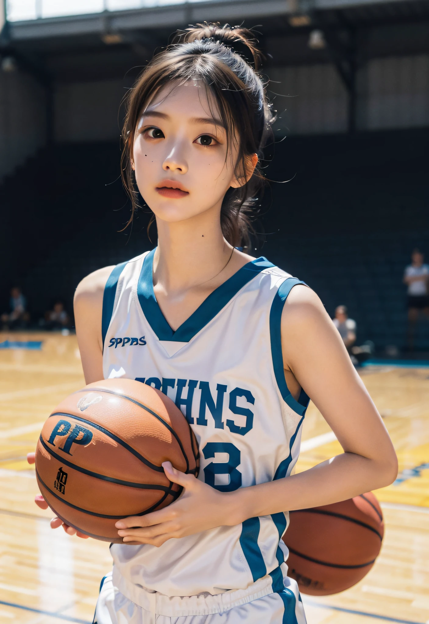 (8K, RAW photos, best qualtiy, tmasterpiece:1.2),A high resolution,1girll,real looking skin,Dynamic light and shadow,Sharp focus,depth of fields,The eyes are delicate,pupil realistic, Playful expression, wear basketball uniform,perfect bodies,Bigchest,at basketball court,realisticlying, ultra - detailed, (shiny skins, perspired:1.4), looking at viewert,