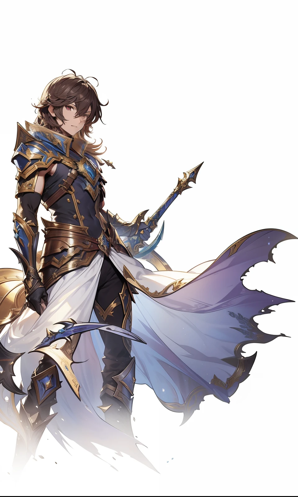 title: Sandalphon's imposing presence (Granblue Fantasy encontra Warcraft) description: In this illustration, quero retratar Sandalphon, the powerful male paladin 1st class of Granblue Fantasy, em um estilo de vestimenta semelhante ao universo de Warcraft. He is an anime character with short, brown hair, olhos avermelhados penetrantes e usa uma armadura inspirada no estilo visual de Warcraft. A cena se passa em um ambiente de alta fantasia, with an active volcano emitting flames and smoke in the background. Towering Rocky Mountains complete the scenery, highlighting Sandalphon's strength and courage. Com foco total no protagonista masculino, a imagem deve mostrar Sandalphon preenchendo o quadro, em uma pose de destaque e poder. He's a grown warrior, with strong masculine features and a determined facial expression. Para o estilo da arte, get inspired by the illustrations and character designs of the Warcraft universe, como os paladinos de World of Warcraft. Sandalphon deve usar uma armadura pesada, com detalhes intrincados, Placas e ornamentos de metal. The armor should have a sober color palette, com nuances de prata, ouro e tons escuros, refletindo o estilo de Warcraft. Sandalphon deve empunhar uma espada grande, representando sua habilidade como paladino. The sword must be drawn with precision, destacando seu tamanho e detalhes intrincados, seguindo o estilo visual das armas de Warcraft. The background of the illustration is a white background, which highlights the figure of sandalwood and emphasizes its dominant presence. importante: It's critical to keep the design and character elements true to the official depiction of Sandalphon in Granblue Fantasy, adaptando-os ao estilo visual semelhante ao universo de Warcraft. cabelos mais curtos, Olhos vermelhos, armadura em tons de azul, branco e vermelho