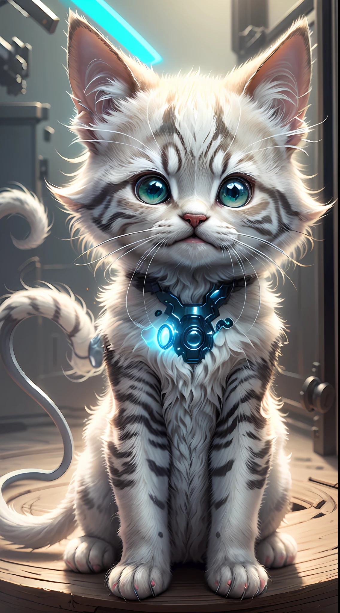 A cute metallic white fur kitten，(Cyborg:1.1)，([Tail|detailed wire]:1.3)，(complexdetails)，hdr，(complexdetails，ultra - detailed:1.2)，Cinema lenses，Halo shadow，at centre，White-haired kitten！！！，green color，ssmile，Funny，crystal，brightly，shaggy，