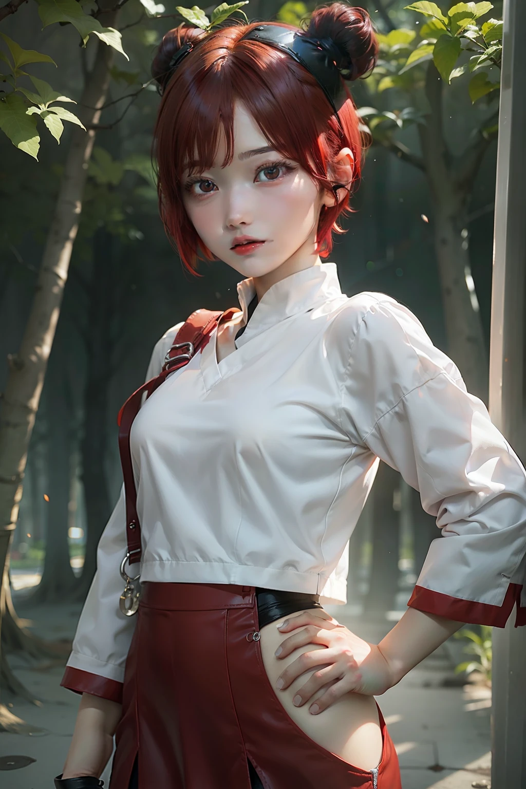 1girl, tenten, red hair, short hair, black eyes, white clothes, realistic, ultra detail
