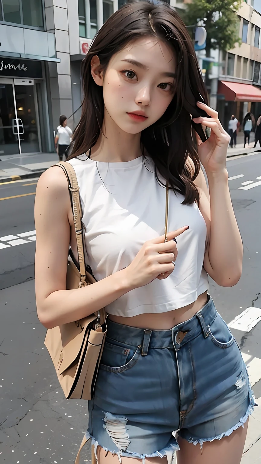 Beutiful women,Fiddling with your phone in the middle of the street,Short clothes,adolable