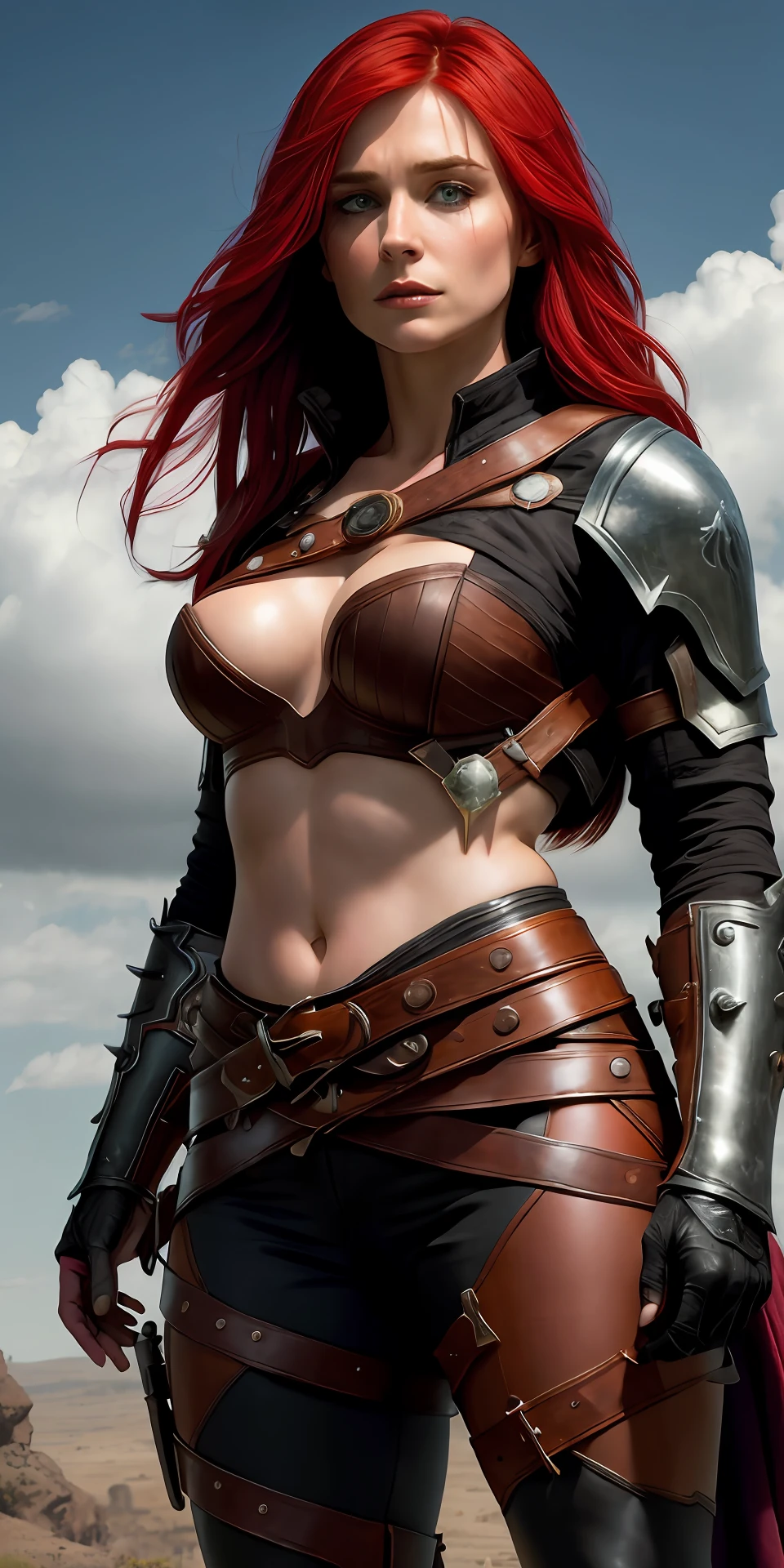 masterpiece, best quality, katarina, face of young Bryce Dallas Howard, (scar over eye), armor, cropped jacket, cleavage, bustier, midriff, belt, black pants, upper body, standing, furrowed brow, serious expression, glare, looking at viewer, wasteland, sky, clouds