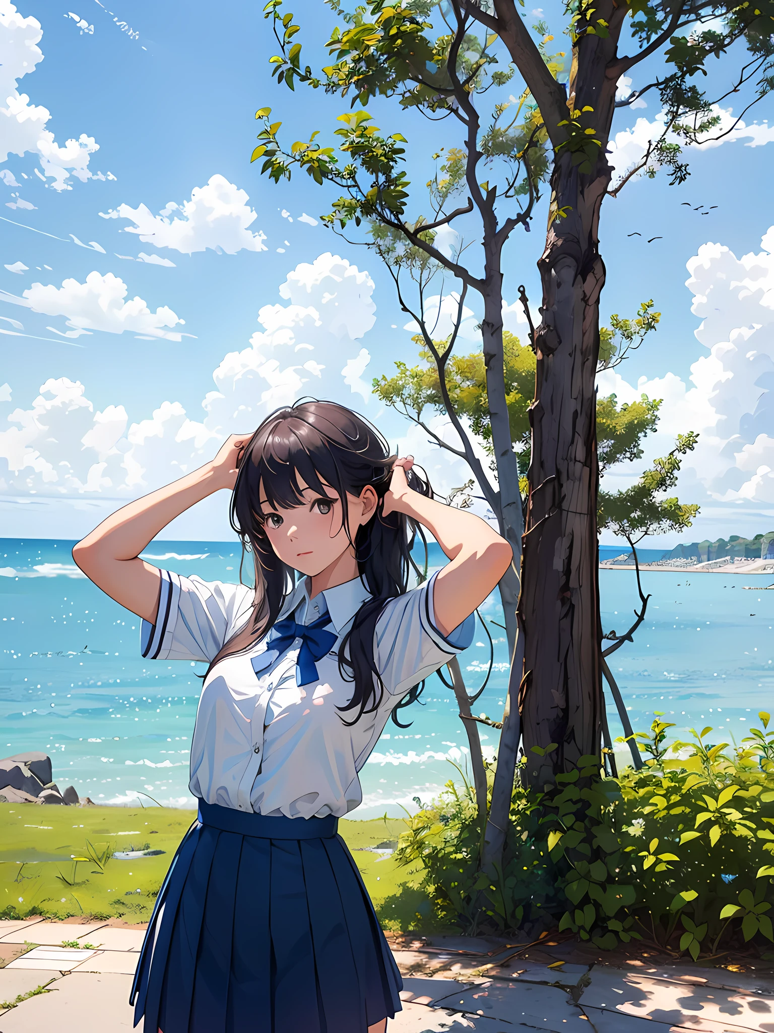 Blue sky, White clouds, Sea, A girl, JK, High quality, 8K, rich details​, Summer, school_uniform,Beautiful_face,school_uniform,Beautiful_face,Extremely detailed Cg Unity 8K wallpapers,Detailed manga illustrations,intricately details,