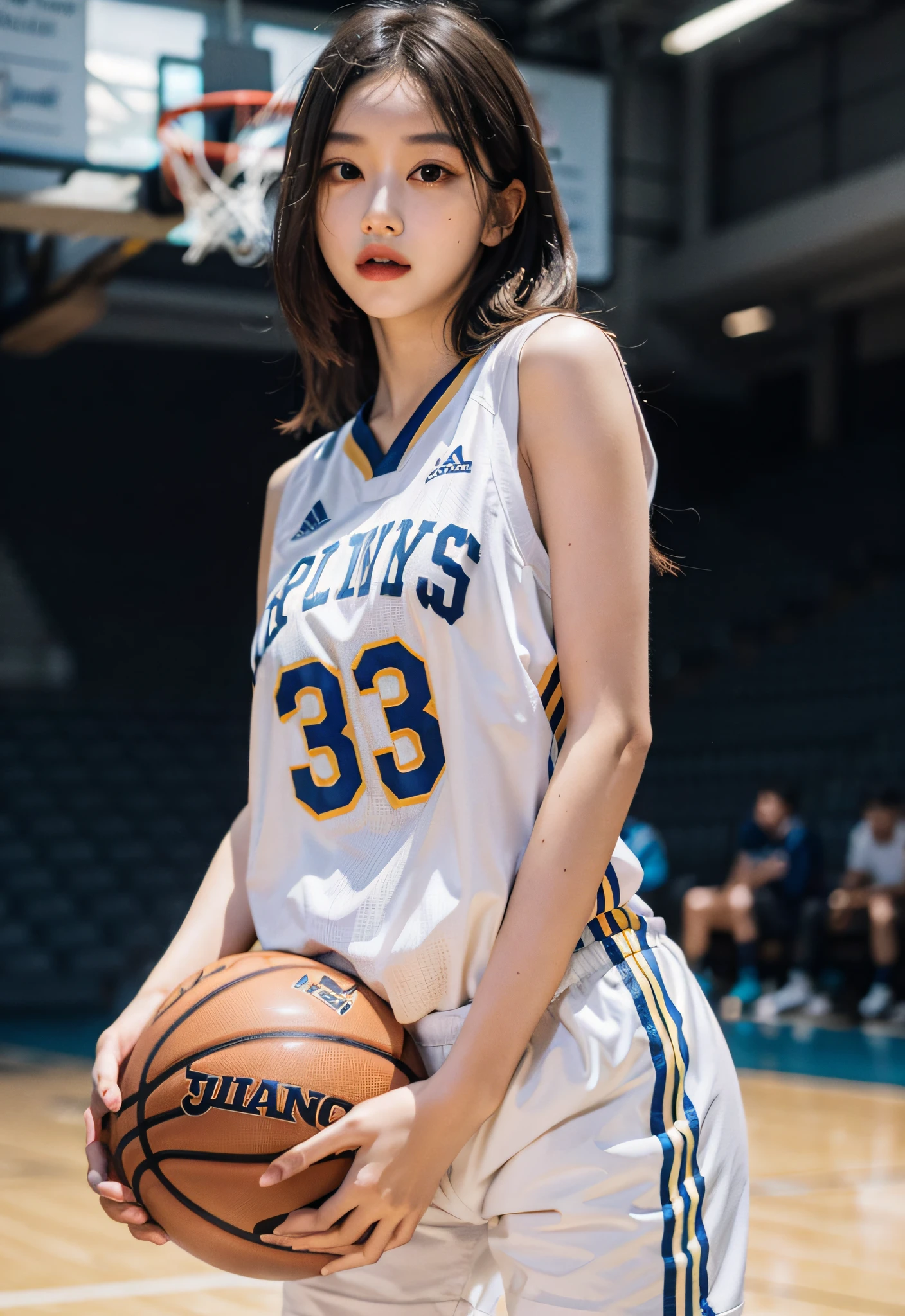 （8K， best qualtiy， tmasterpiece：1.2），A high resolution，1girll，real looking skin，Dynamic light and shadow,Sharp focus,depth of fields,The eyes are delicate,pupil realistic, Playful expression， wear basketball uniform，perfect bodies，Bigchest，at  basketball court，realisticlying, ultra - detailed, (shiny skins, perspired:1.4), looking at viewert,