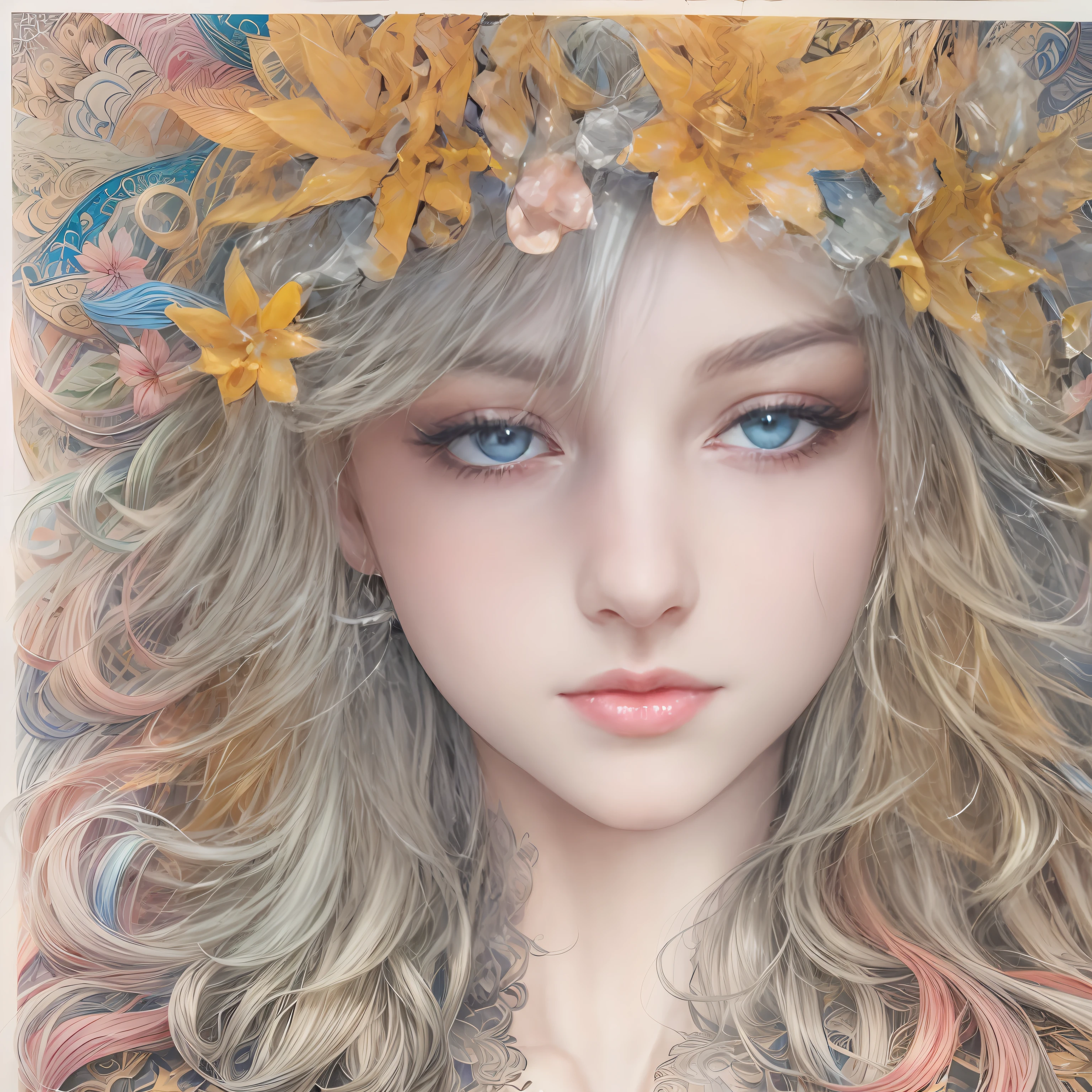3D,(Beauty side face,Delicate facial features,long whitr hair,eye closeds,Masterpiece Narcissus),with rainbow colored background,(illustratio:1.3,paper art:1.2, zentangle ,3Drenderingof),(best qualtiy,high detal,tmasterpiece,Cinematic lighting effects,4K,Chiaroscuro)