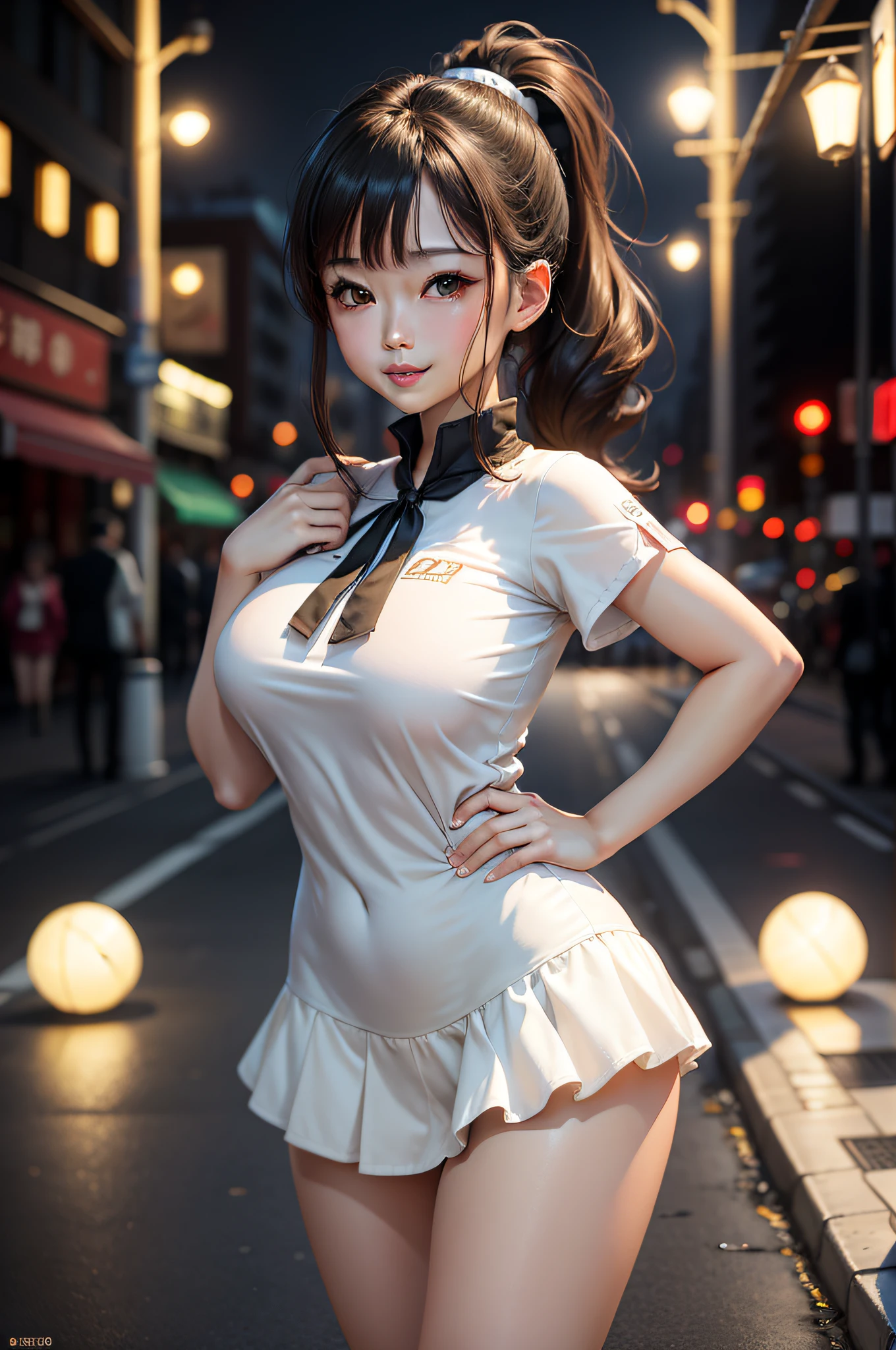 ((8K,RAW photos,top Quority,tmasterpiece),HD RAW color photo professional close-up Photograph,(realisticlying,realisticlying:1.37),(HighestQuali),(Best shadow),(Most Best Illustration),鎖骨((The large)),((,Raised sexy,超高分辨率,HD CG unified 8K wallpaper,physically-based renderingt,cinmatic lighting),(aegyo sal:1),18 years old girls,White color blouse,short skirt,largeeyes, beatiful detailed eyes,Light on the face,full body shot shot,which stands on the street,the night,Particularly bright light,(Upper Eye,grinning smile:1.2),shiny skins,Brighten skin(((brunette color hair,Single ponytail hair:1.2))),(thick thight,Tall),ulzang-6500-v1.1:0.2,is shy,(flash lights:1.2),NSFW,(puffynipple),((tempting pose:1.2,big breasts enchanting:1.2)),(Idle)