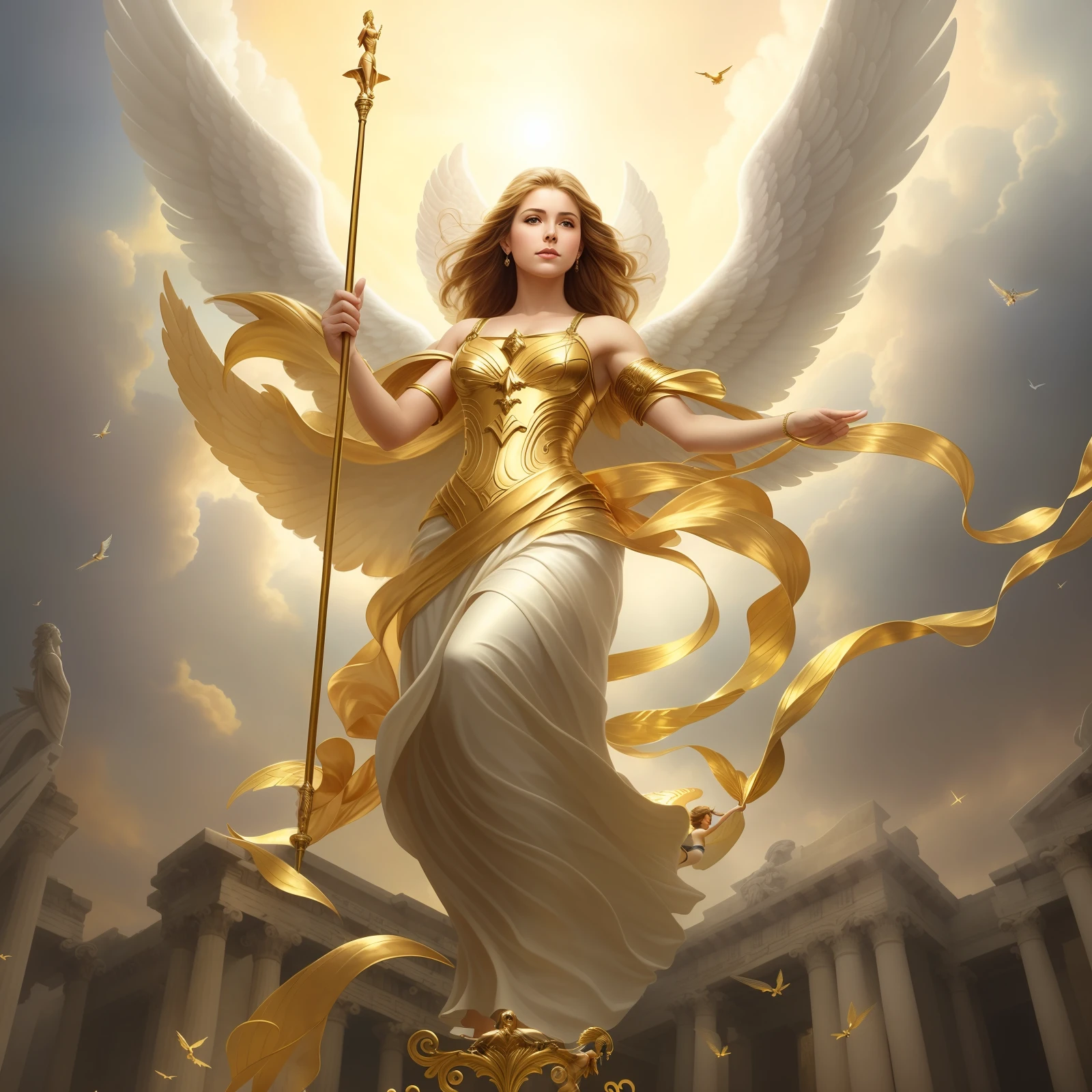 A woman flying through the air with a staff and wings, full - body majestic angel, ssmile,tall female angel, golden goddess athena, Greek goddess Athena, goddess of greek mythology, the god athena, beautiful female angel, beautiful angel, Goddess of Light, artgerm julie bell beeple, Athena Goddess of Wisdom, angelic golden armor, full of paintings of angels