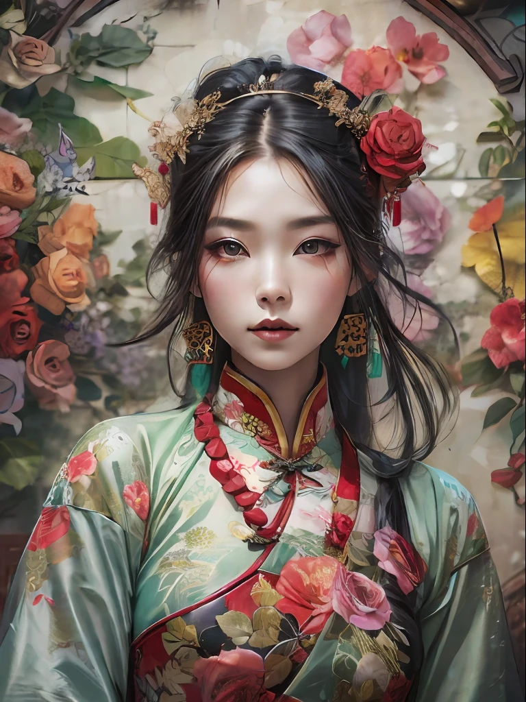 HighestQuali,tmasterpiece:1.2,Detailed details,4K,Beautiful woman in traditional Chinese costume displayed on the wall in street art style