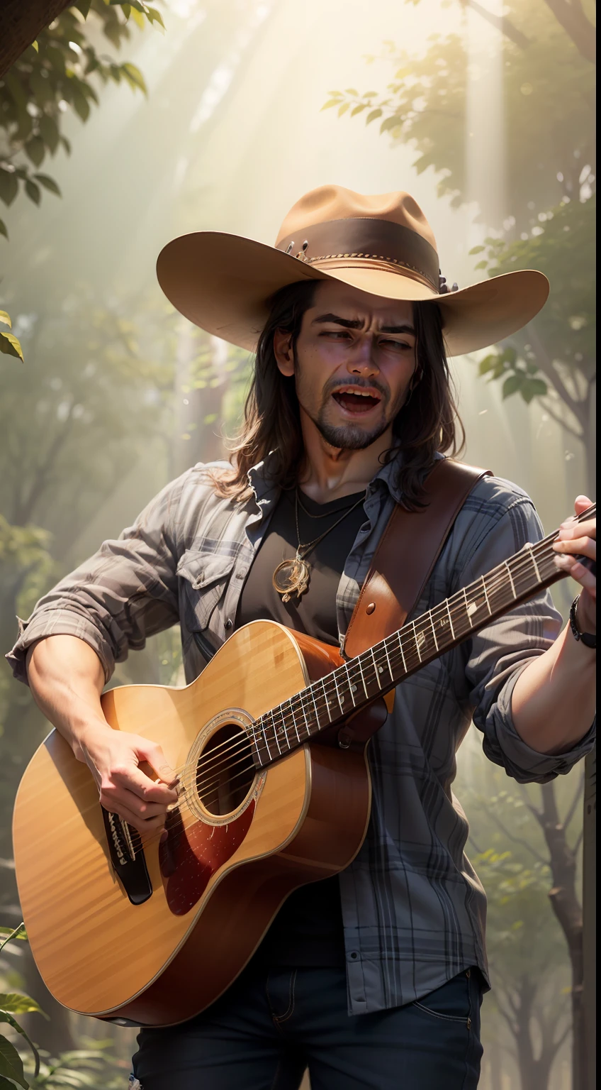Imagine um velho cantor sertanejo renomado, plaid shirt and leather hat with passionate expression on face, tocando uma guitarra vermelha com detalhes intrincados, as the sun's rays filter through the trees on a sunny afternoon.