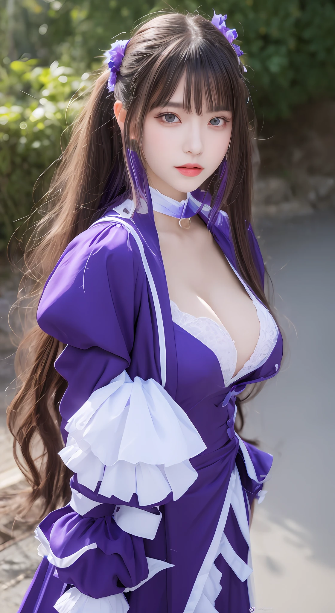 perfect figure beautiful woman:1.4,Layered Hair Style,Protruding cleavage,Purple 2D costume:1.5,Highly Detailed Face and Skin Textur,二重まぶた,Whiten the skin,long whitr hair,playing water,Collar