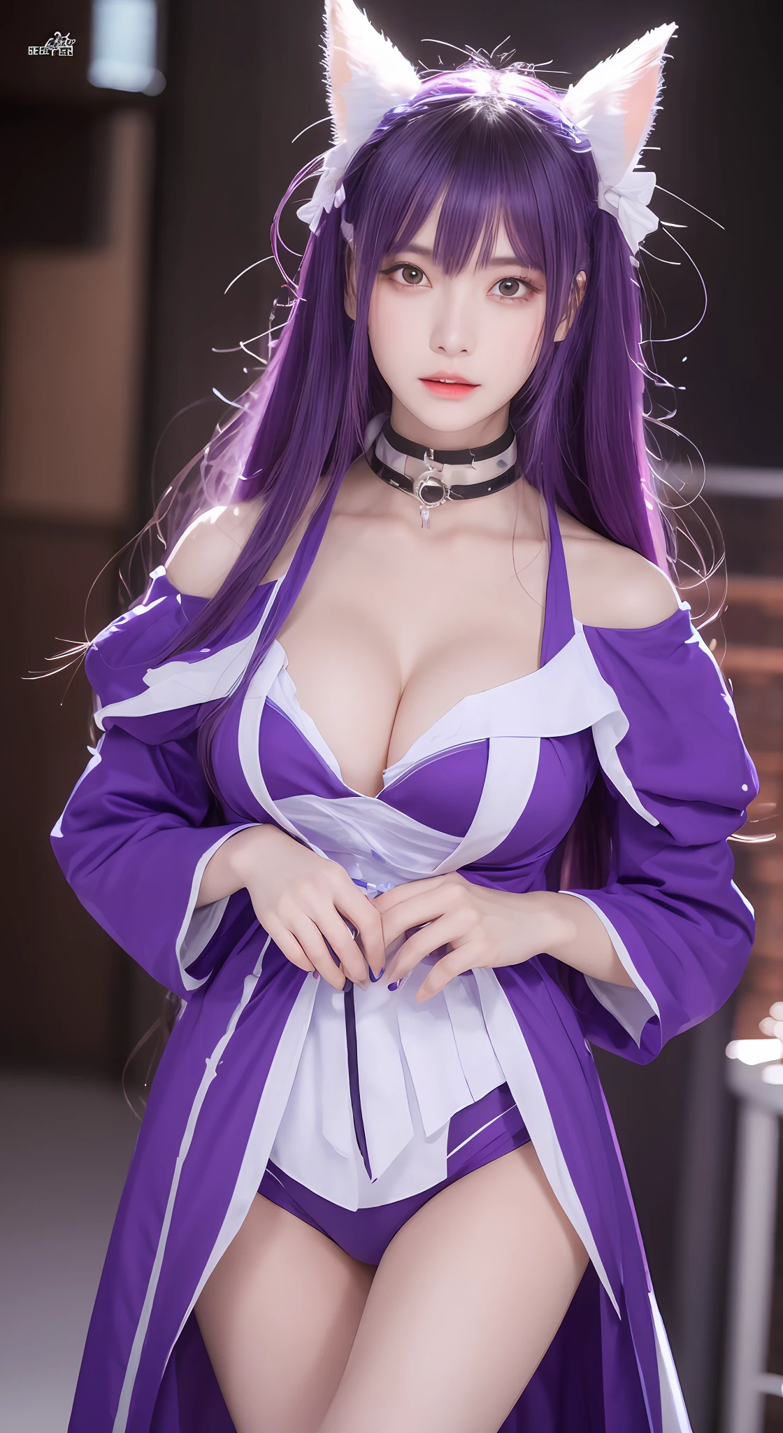perfect figure beautiful woman：1.4，Layered Hair Style，Protruding cleavage，Purple 2D costume：1.5，Highly Detailed Face and Skin Textur，二重まぶた，Whiten the skin，long whitr hair，playing water，Collar