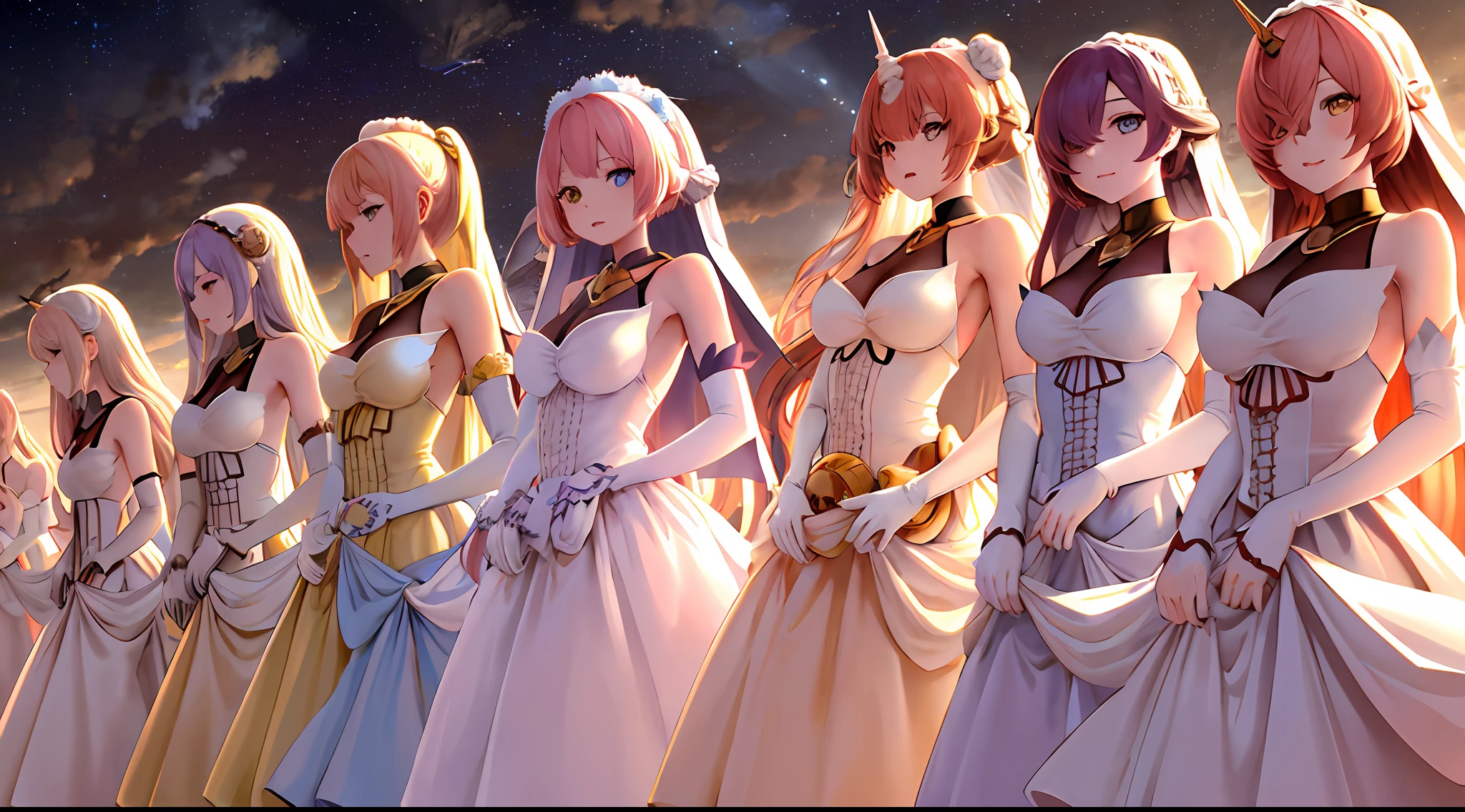 masterpiece, best quality, highres, (thousands of, crowd of), girls, identical sisters, clones, (hair_over one eye:1.2), heterochromia, blue eyes, yellow eyes, crowd shot, mechanical horns, veil, elbow gloves, white dress, long dress, white gloves, short hair, pink hair, bare shoulders, medium breasts, headgear,