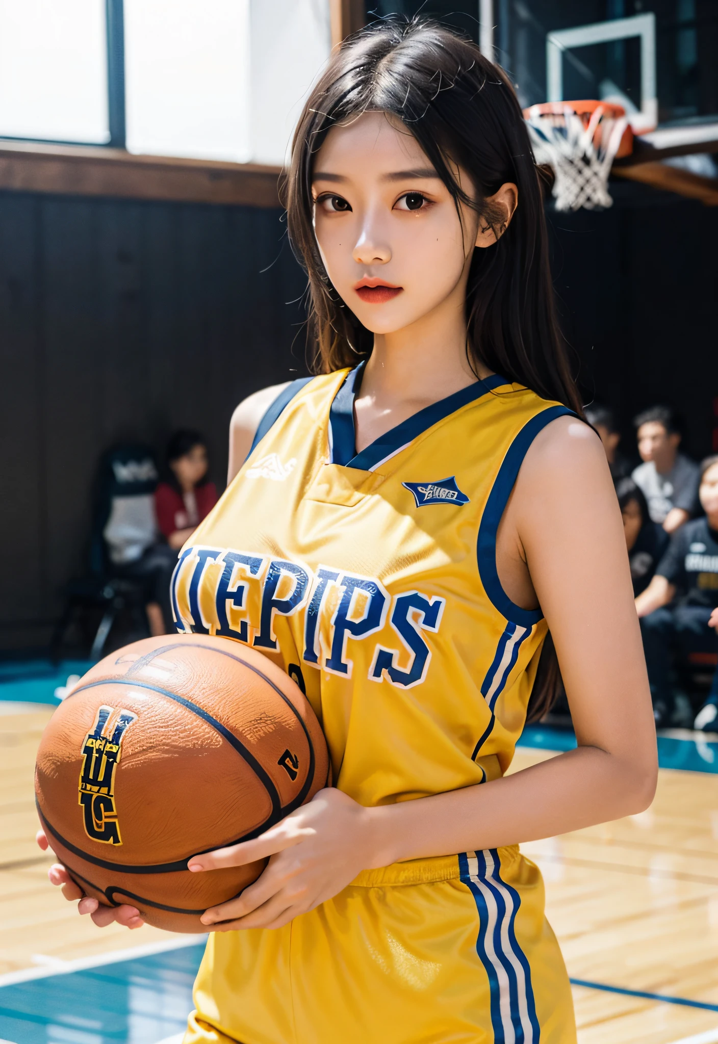 （ best qualtiy， tmasterpiece：1.2），A high resolution，8K,1girll，real looking skin，Dynamic light and shadow,Sharp focus,depth of fields,The eyes are delicate,pupil realistic, Playful expression， wear basketball uniform，（perfect bodies），（Big breasted 1.1），basketball playground，realisticlying, ultra - detailed, (shiny skins, perspired:1.4), looking at viewert,