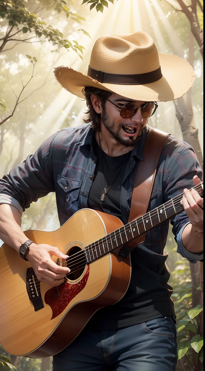Imagine um velho cantor sertanejo renomado, plaid shirt and leather hat with passionate expression on face, tocando uma guitarra vermelha com detalhes intrincados, as the sun's rays filter through the trees on a sunny afternoon.