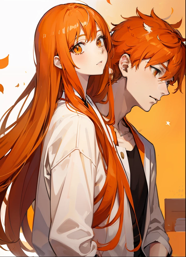 anime style, (((1 women))), (((1 boy))), adult, orange and white pallete colour, potrait, long hair, (((orange hair))) , good anatomy, stylish outfit, half body, look at camera