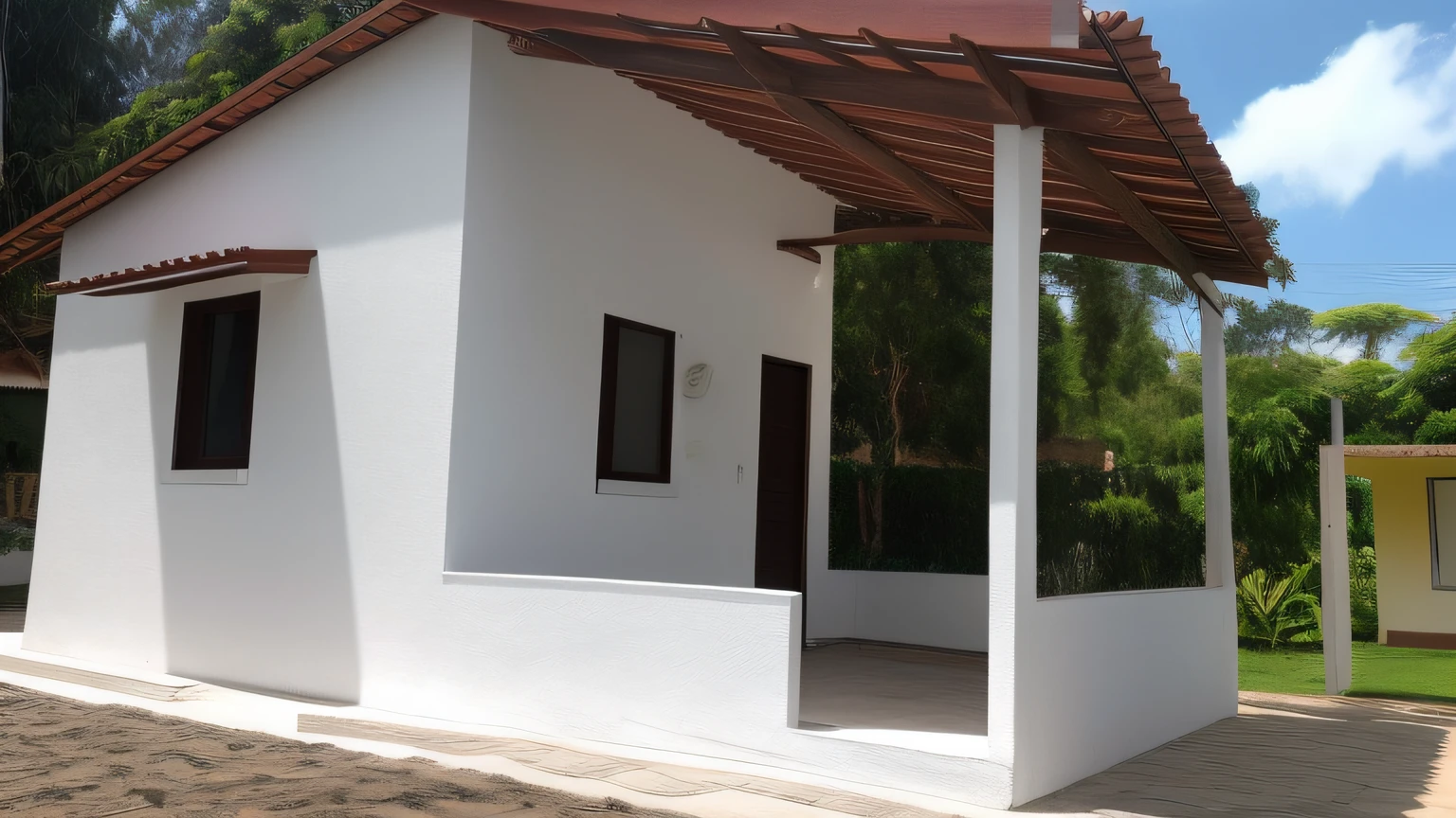 There is a small white building with a wooden roof, vista externa, Frente, imagem central, Vista frontal, vista frontal, vista exterior, casa completa, Front view, vista lateral frontal, lado - vista, vista lateral, visto de fora, vista de lado, Vista frontal e lateral, imagem de listagem, Frente cheia, Frontal, imagem frontal