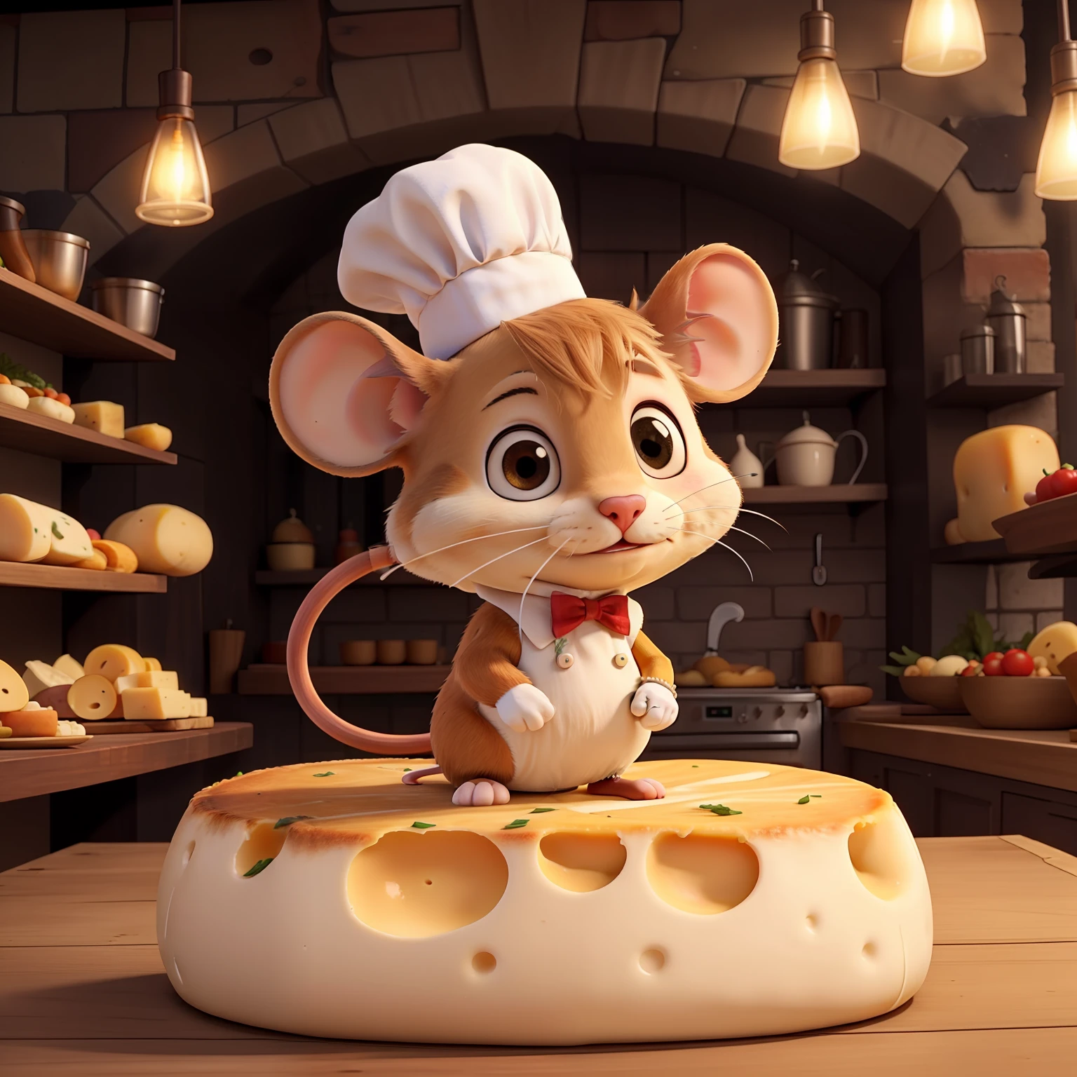 a mouse on top of a cheese with a chef's hat