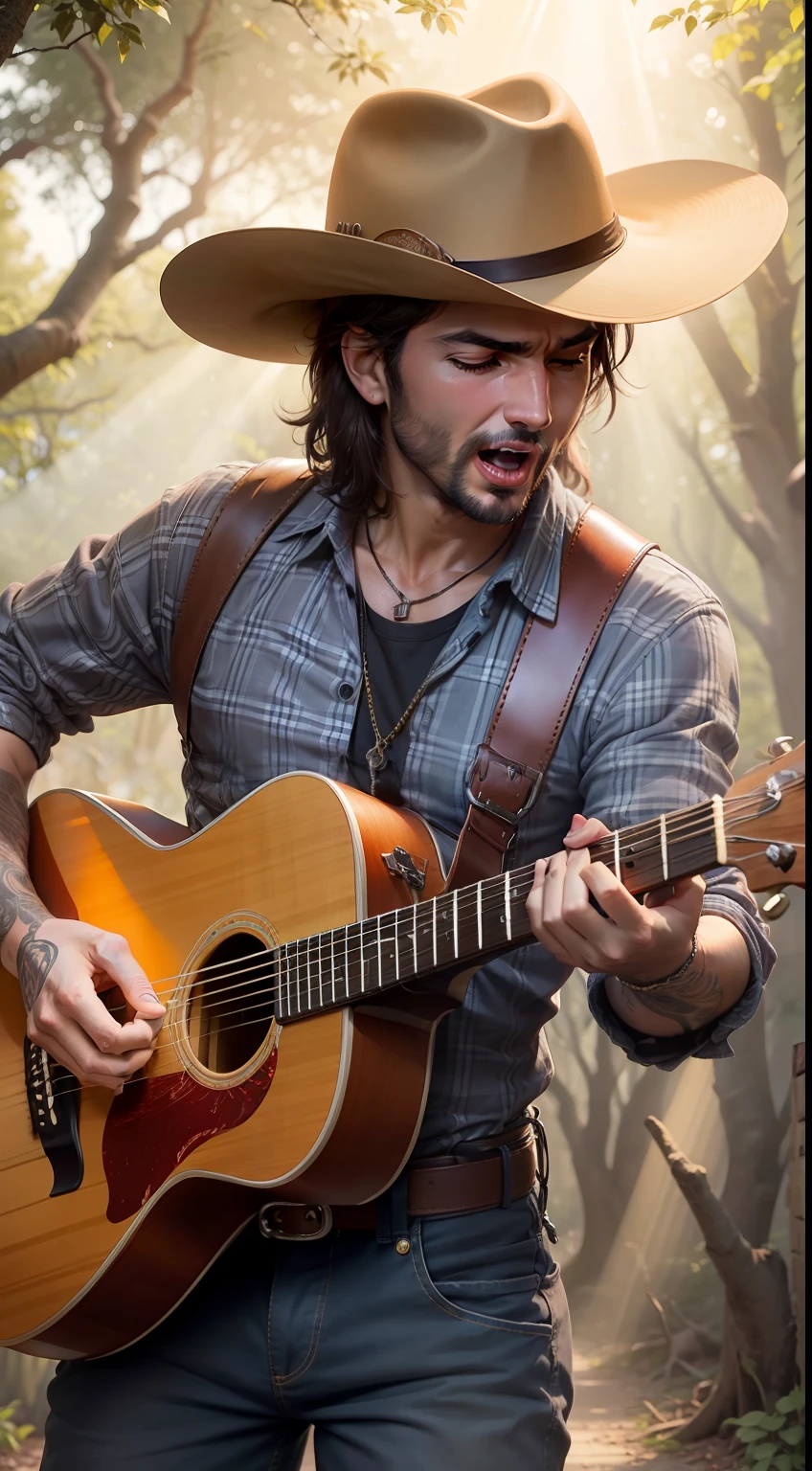Imagine um velho cantor sertanejo renomado, plaid shirt and leather hat with passionate expression on face, tocando uma guitarra vermelha com detalhes intrincados, as the sun's rays filter through the trees on a sunny afternoon.