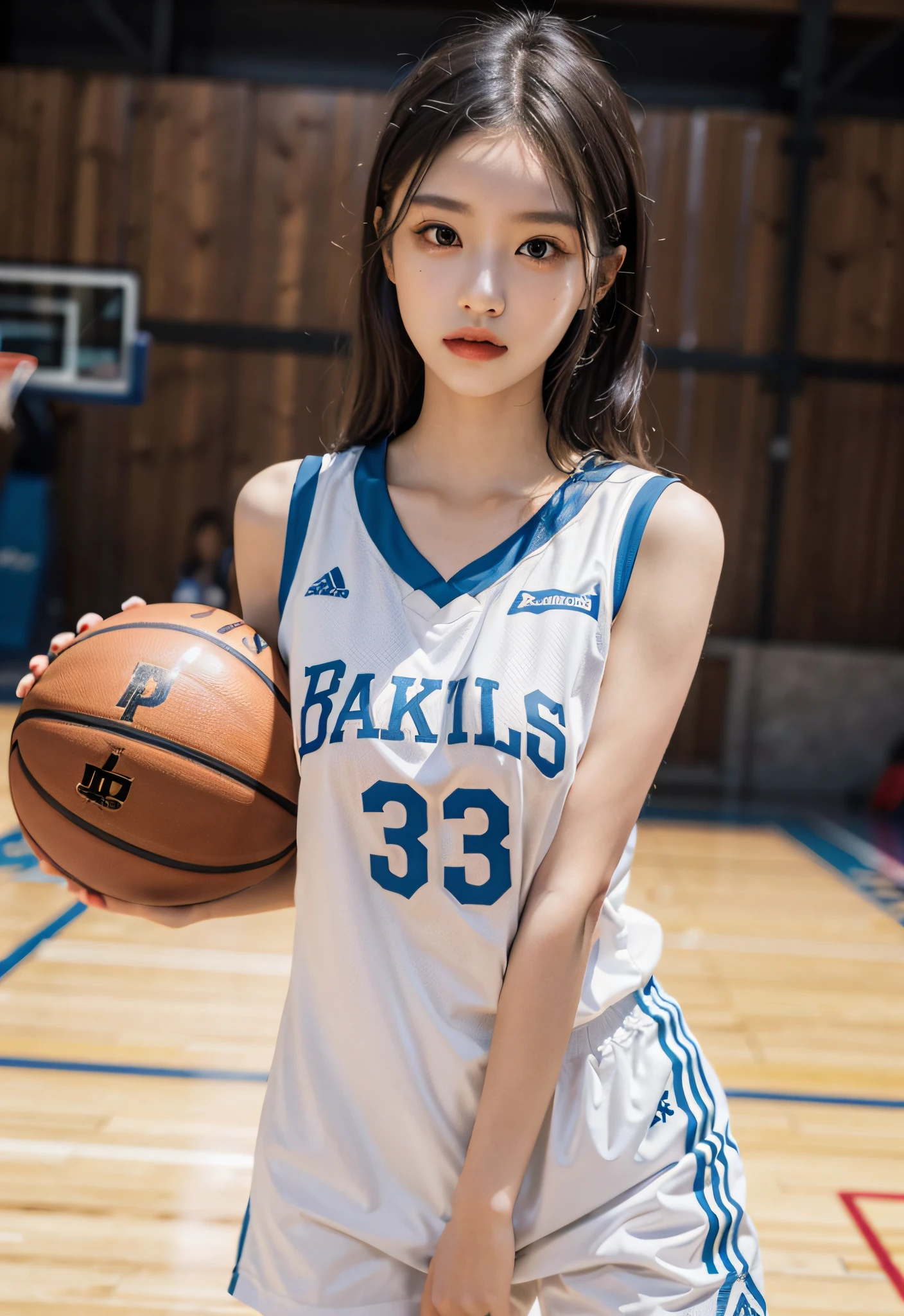 ( best qualtiy, tmasterpiece:1.2),A high resolution,8K,1girll,real looking skin,Dynamic light and shadow,Sharp focus,depth of fields,The eyes are delicate,pupil realistic, Playful expression, wear basketball uniform,(perfect bodies),(Big breasted 1.1),basketball playground,realisticlying, ultra - detailed, (shiny skins, perspired:1.4), looking at viewert,