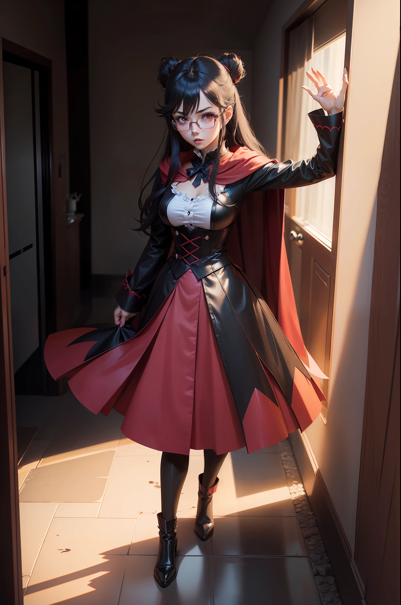 Anime - Stylistic image of a woman in a long skirt and a red cape, gothic maiden anime girl, plumw，Slim figure，attractive matoi ryuko, zerochan art, anime full body illustration, demon anime girl, Vampires, (Anime girl), Anime girl wearing black dress, Key anime art, beautiful fantasy anime, female anime character, Anime art wallpaper 8 K, Anime character art，plumw，Big chest，Fruitful，So much so that the clothes cracked，low angle view，wears glasses，Go home in the hallway，inside in room