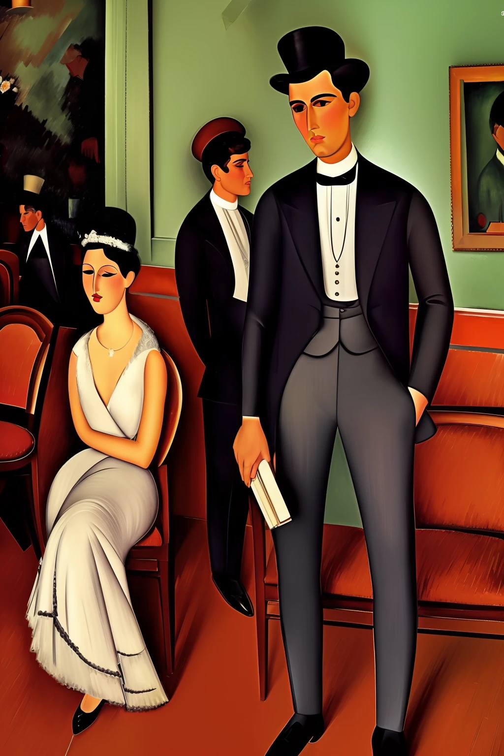 a party in a Paris lounge restaurant in the early 20th century, los invitados son ((characters from the works of Amedeo Modigliani represented standing or sitting according to the composition of the image to be generated ))cinematography lighting, ultra detallado, Pintura digital, Artstation, arte conceptual, Suave, foco nítido, illustration, (piel alta y detallada:1.2), 8k UHD, DSLR, Soft lighting, alta calidad, Film grain, Fujifilm XT3 mix4 Wildstyle RAW foto,