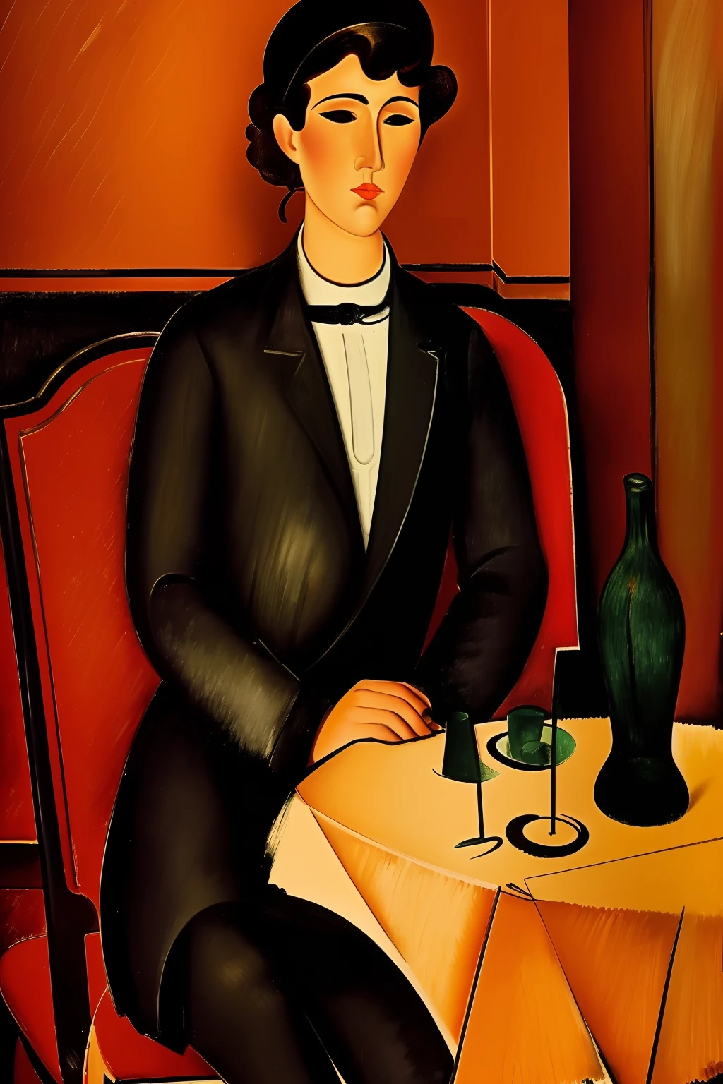 a party in a Paris lounge restaurant in the early 20th century, los invitados son ((characters from the works of Amedeo Modigliani represented standing or sitting according to the composition of the image to be generated ))cinematography lighting, ultra detallado, Pintura digital, Artstation, arte conceptual, Suave, foco nítido, illustration, (piel alta y detallada:1.2), 8k UHD, DSLR, Soft lighting, alta calidad, Film grain, Fujifilm XT3 mix4 Wildstyle RAW foto,