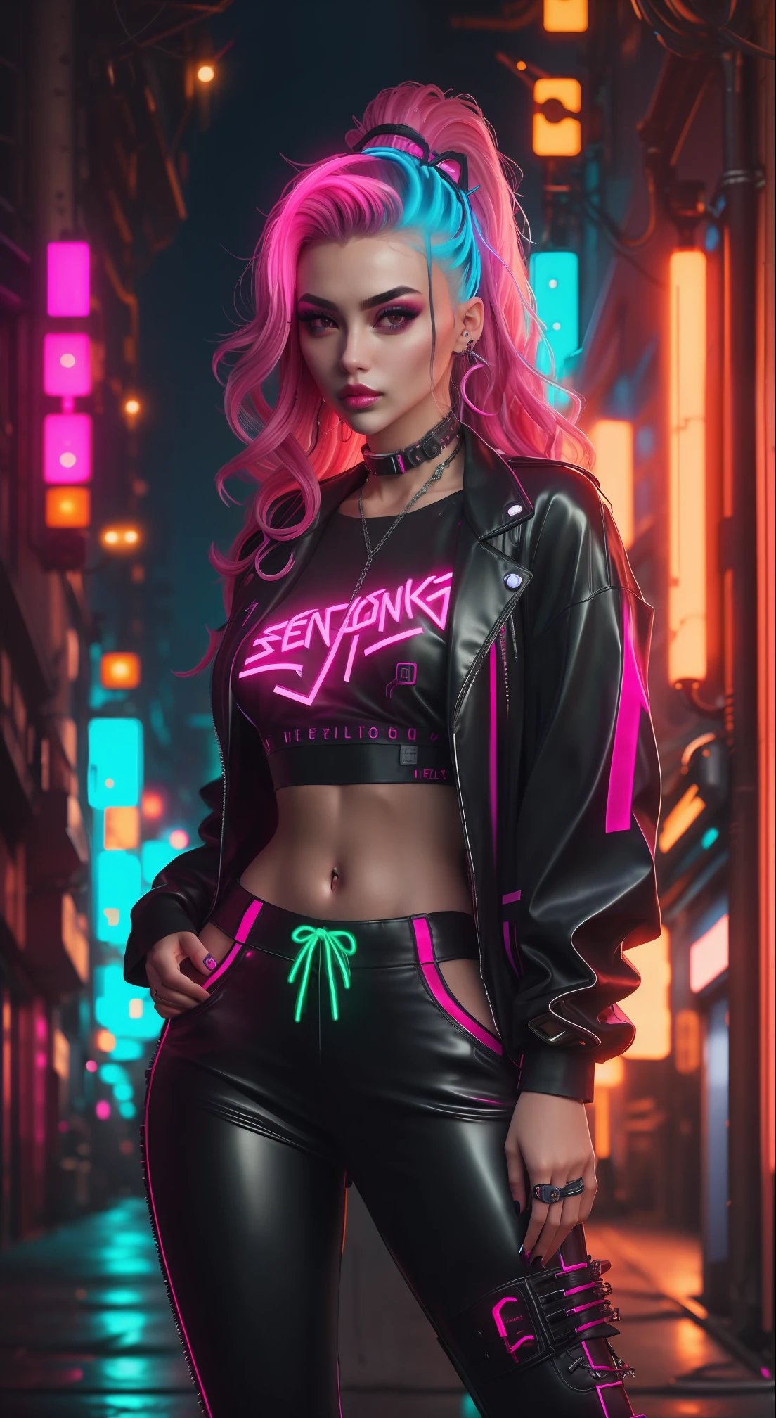 a close up of a woman in a neon outfit, cyberpunk vibe, cyberpunk with neon lighting, bright cyberpunk glow, cyberpunk vibes, cyberpunk lighting, cyberpunk style, neon cyberpunk style, in cyberpunk style, cyberpunk look, dreamy cyberpunk girl, cyberpunk photo, neon cyberpunk, cyberpunk aesthetic, cyberpunk streetwear, aesthetic cyberpunk, cyberpunk art style, wearing cyberpunk streetwear,jacket, perfect fingers,neaon hair color, detail texture, detail hair,long Pants neon black, beautiful face,hair wavy,shoes neon pink color detailed,