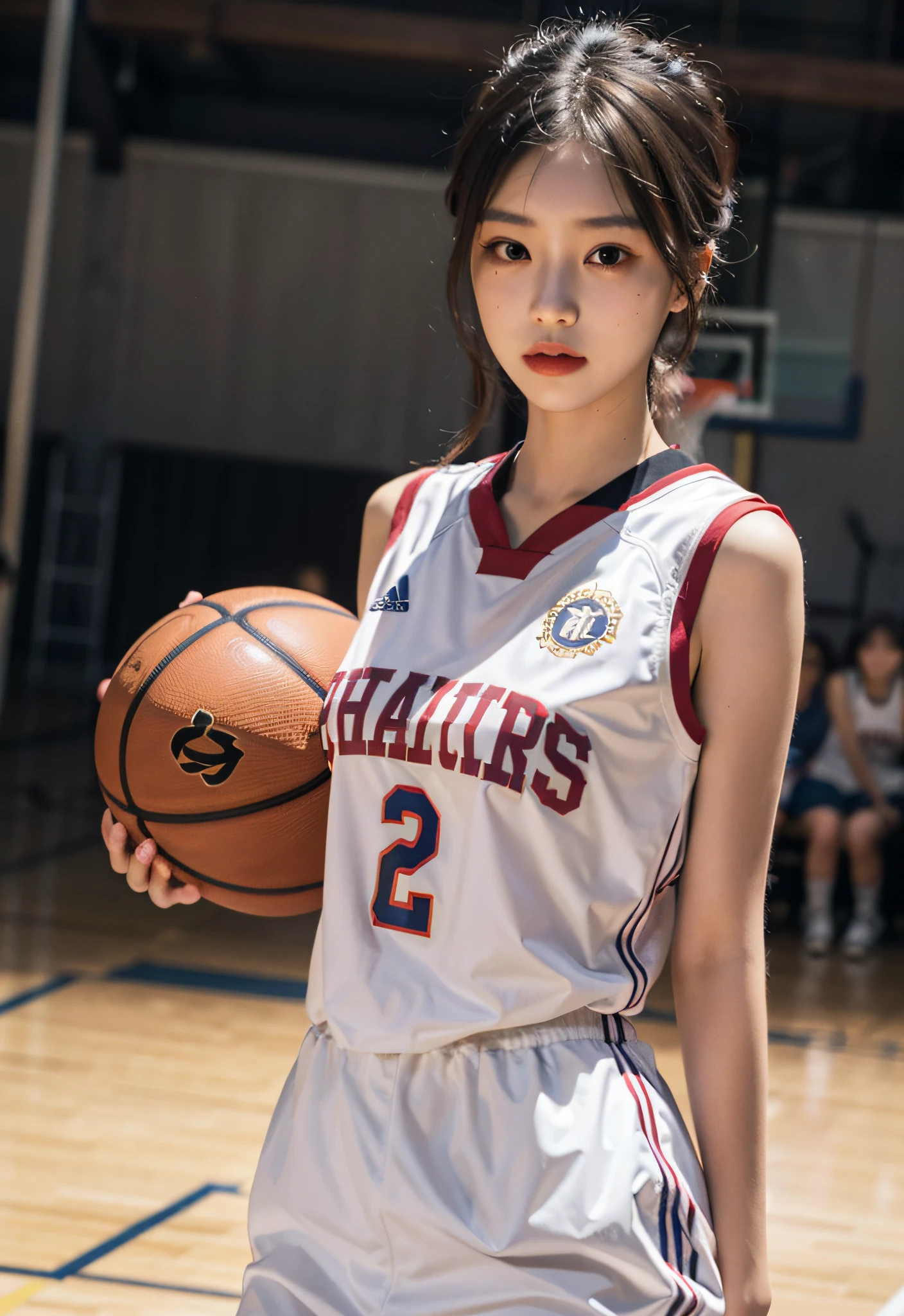 ( best qualtiy, tmasterpiece:1.2),A high resolution,8K,1girll,Delicate face,real looking skin,Dynamic light and shadow,Sharp focus,depth of fields,The eyes are delicate,pupil realistic, Playful expression, wear basketball uniform,(perfect bodies),(Big breasted 1.1),basketball playground,realisticlying, ultra - detailed, (shiny skins, perspired:1.4), looking at viewert,