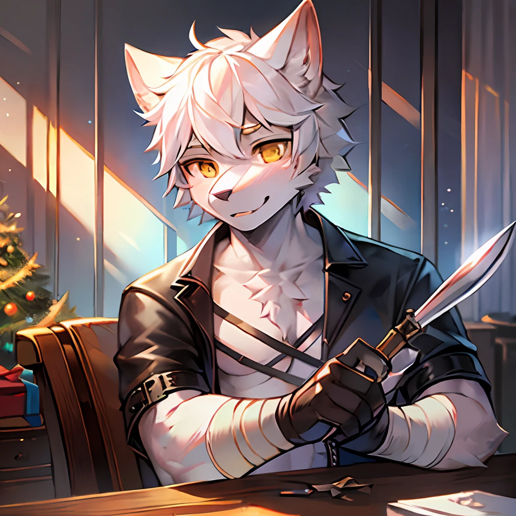 (best qualtiy，Fidelity1.4)Side-faced wolf-eared young male，White hair，White belly，White wolf ears，short detailed hair，Golden eyes，Bandages wrapped around the chest and abdomen，Leather gloves，Leather straps，sittinng on the desk，Hold a carving knife in your hand，The head is wrapped in blue flames，Look back and shoot down，Presents a surreal illusion。